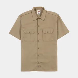 Basic Piece Twill Work Mens Short Sleeve Shirt (Beige)