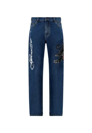 Mens Panther-Crouch-Leap Tattoo Graphic Relaxed Denim Trousers Jeans - Indigo Core Fit Modern Fit