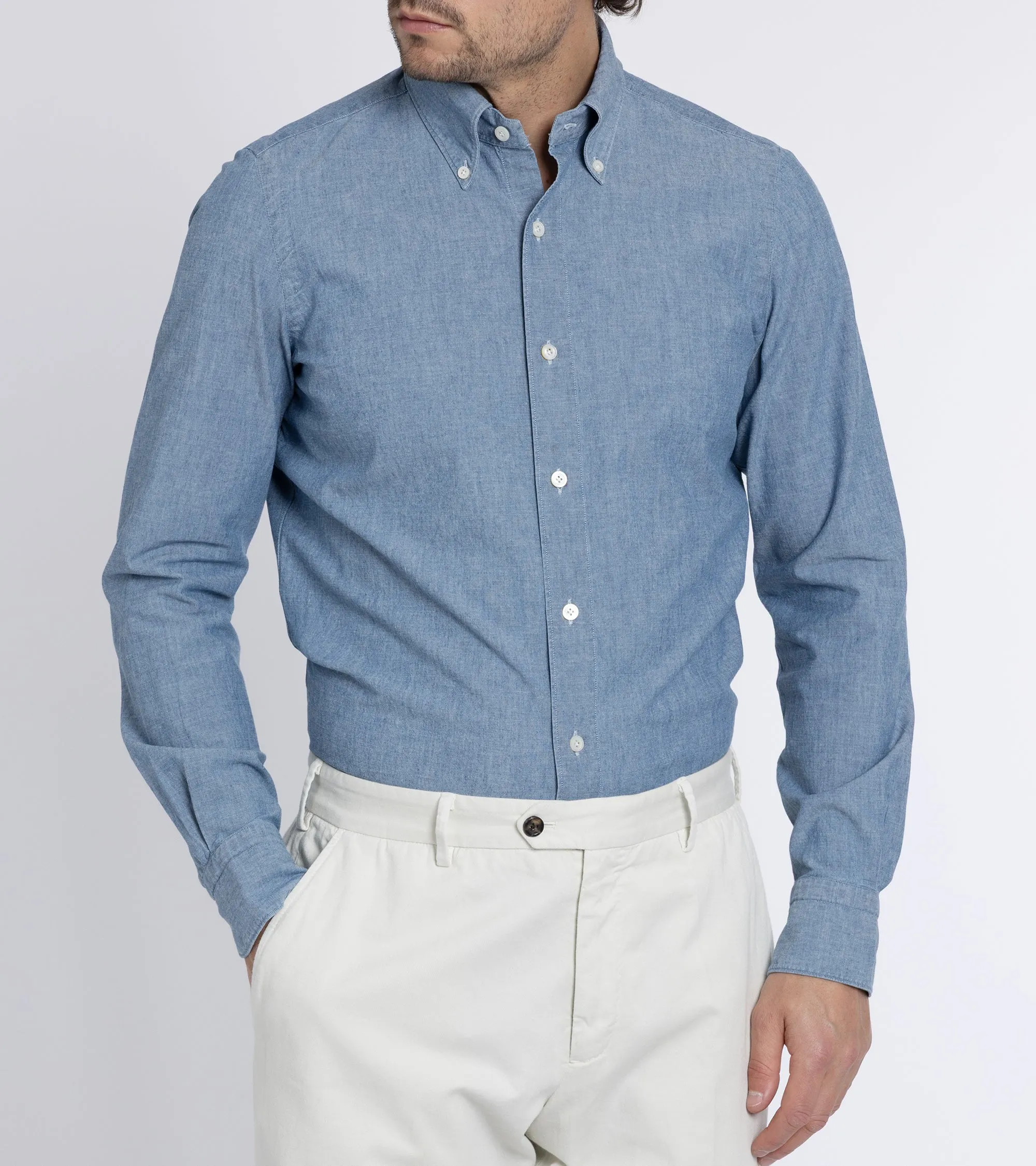 Premium Comfort Finamore Gaeta Classic Cotton Leonardo Button Down Sport Shirt: Chambray