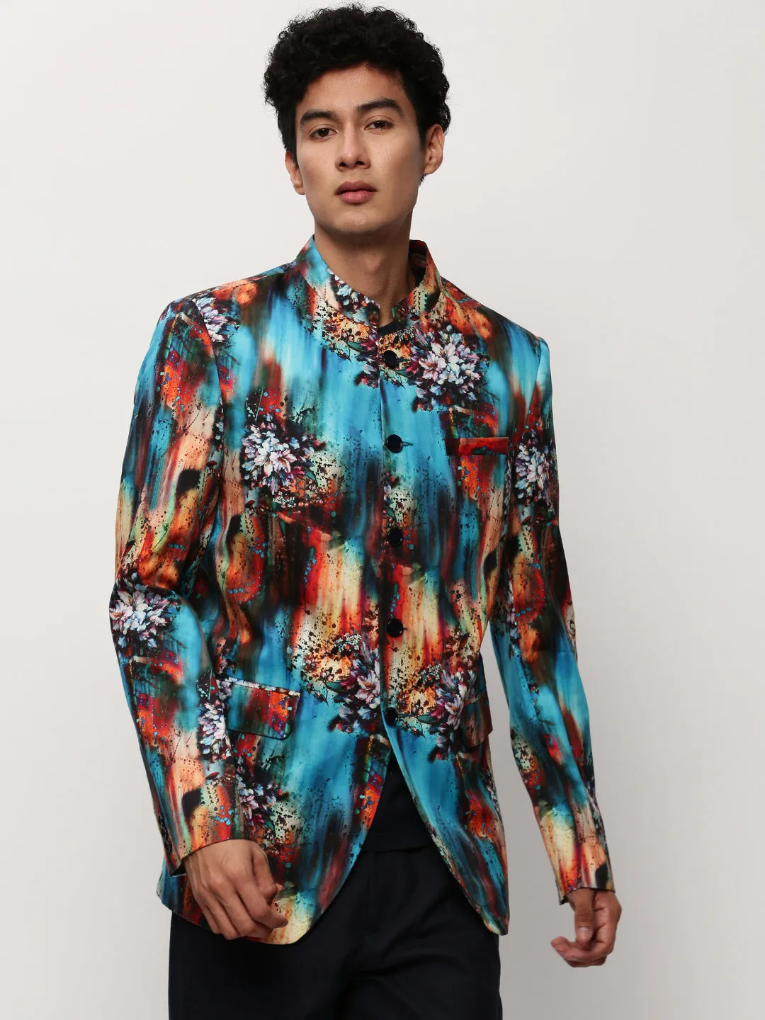 Men's Blue Slim-Fit Printed Mandarin Collar Bandhgala Cotton Casual Blazer Anti Static Weave Strong Stitches