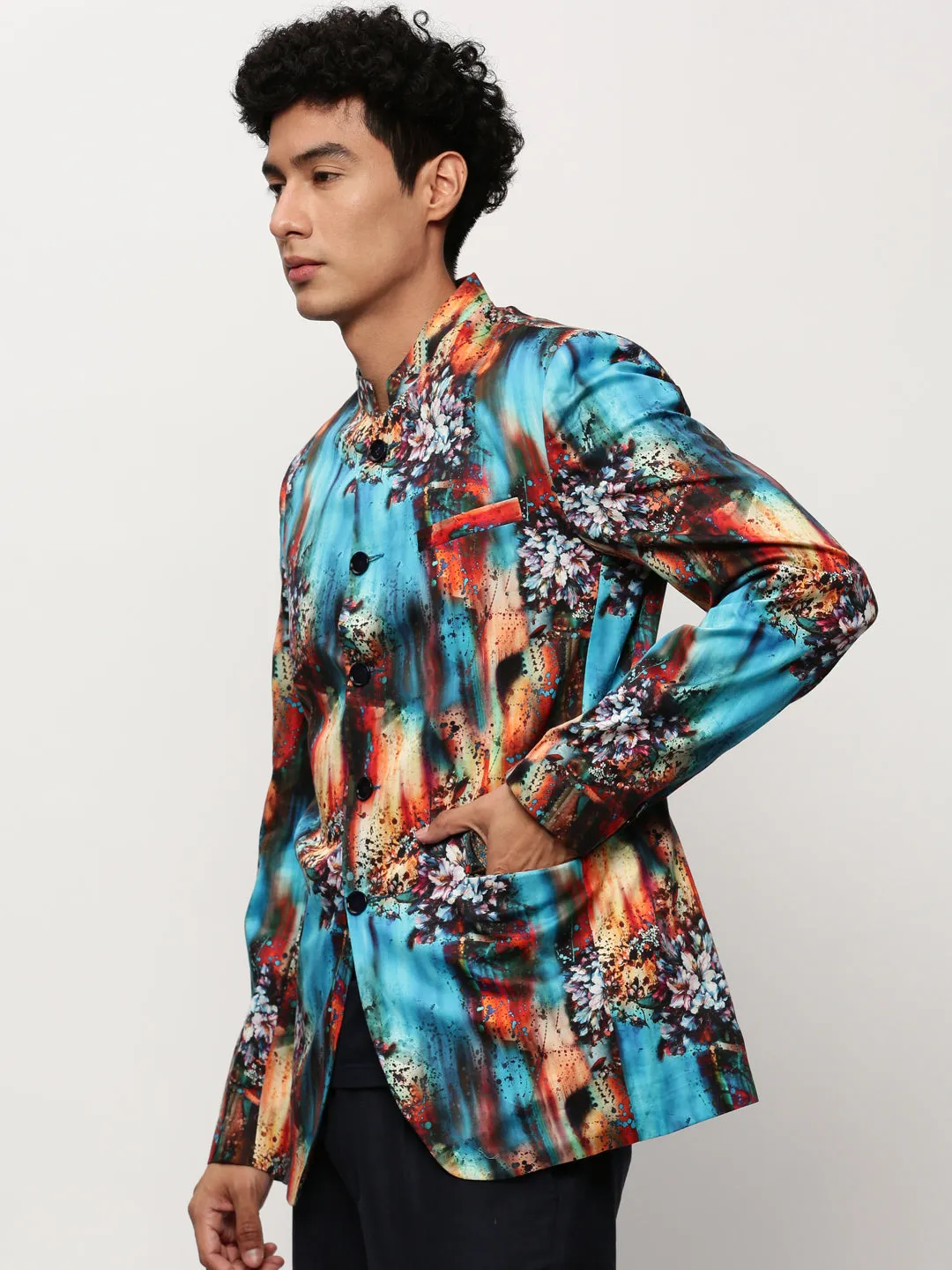 Men's Blue Slim-Fit Printed Mandarin Collar Bandhgala Cotton Casual Blazer All Purpose Outerwear Seamless Stitching