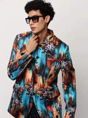 Non Restrictive Movement City Walking Style Men's Blue Slim-Fit Printed Mandarin Collar Bandhgala Cotton Casual Blazer