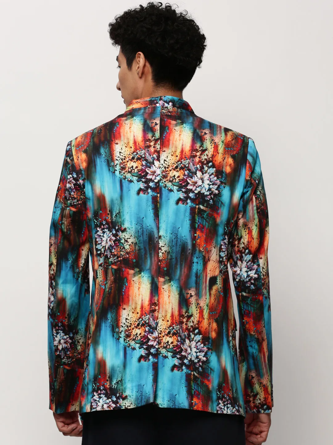 Soft Interior Brushing Men's Blue Slim-Fit Printed Mandarin Collar Bandhgala Cotton Casual Blazer