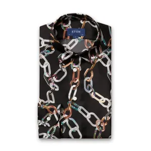Eton - Slim Fit 3D Print Silk Shirt in Black Comfy Design Asymmetrical Cut