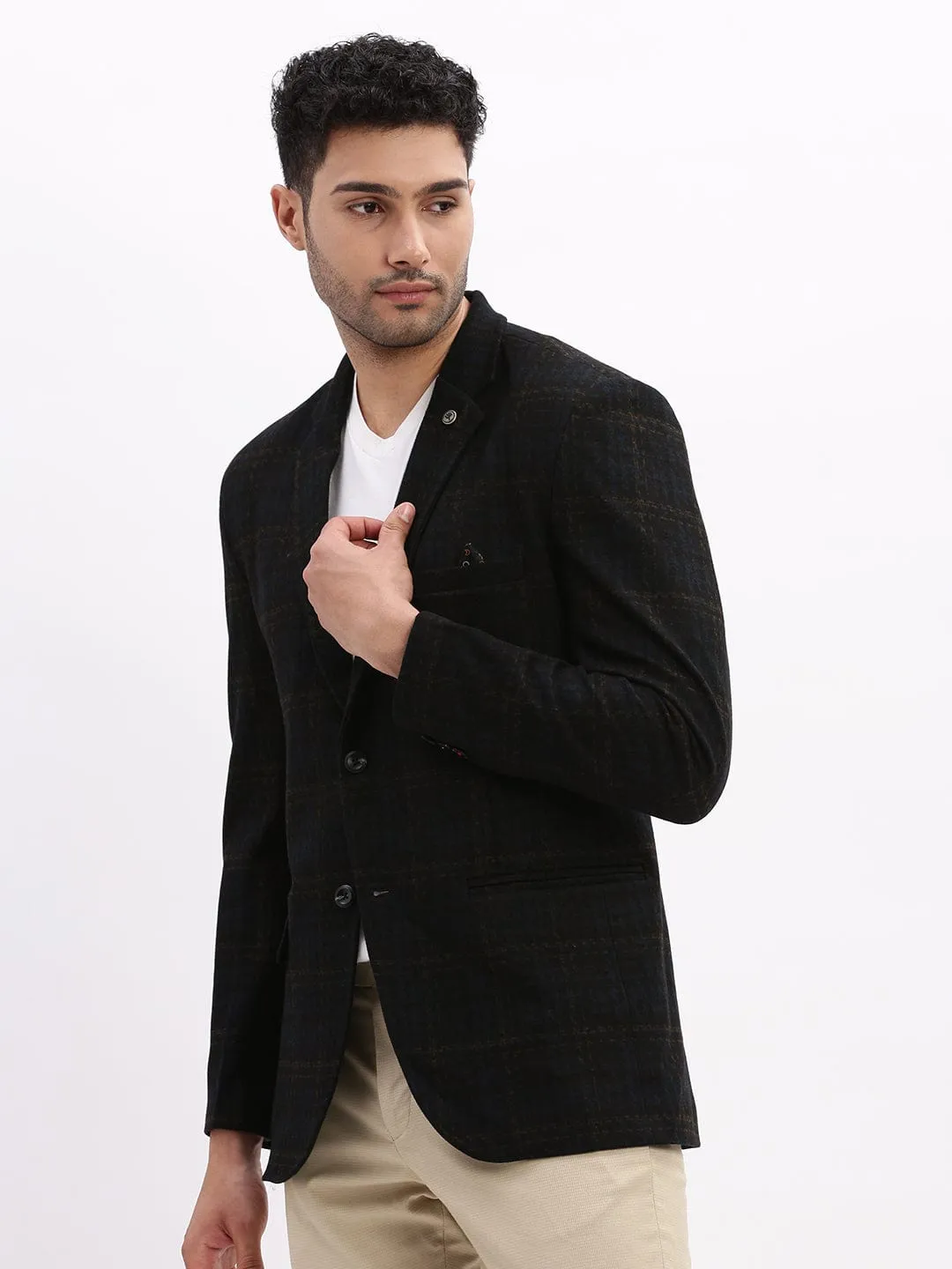 Anti Slip Shoulder Pads Durable Outer Layer Men's Printed Navy Blue Single Breasted Blazer