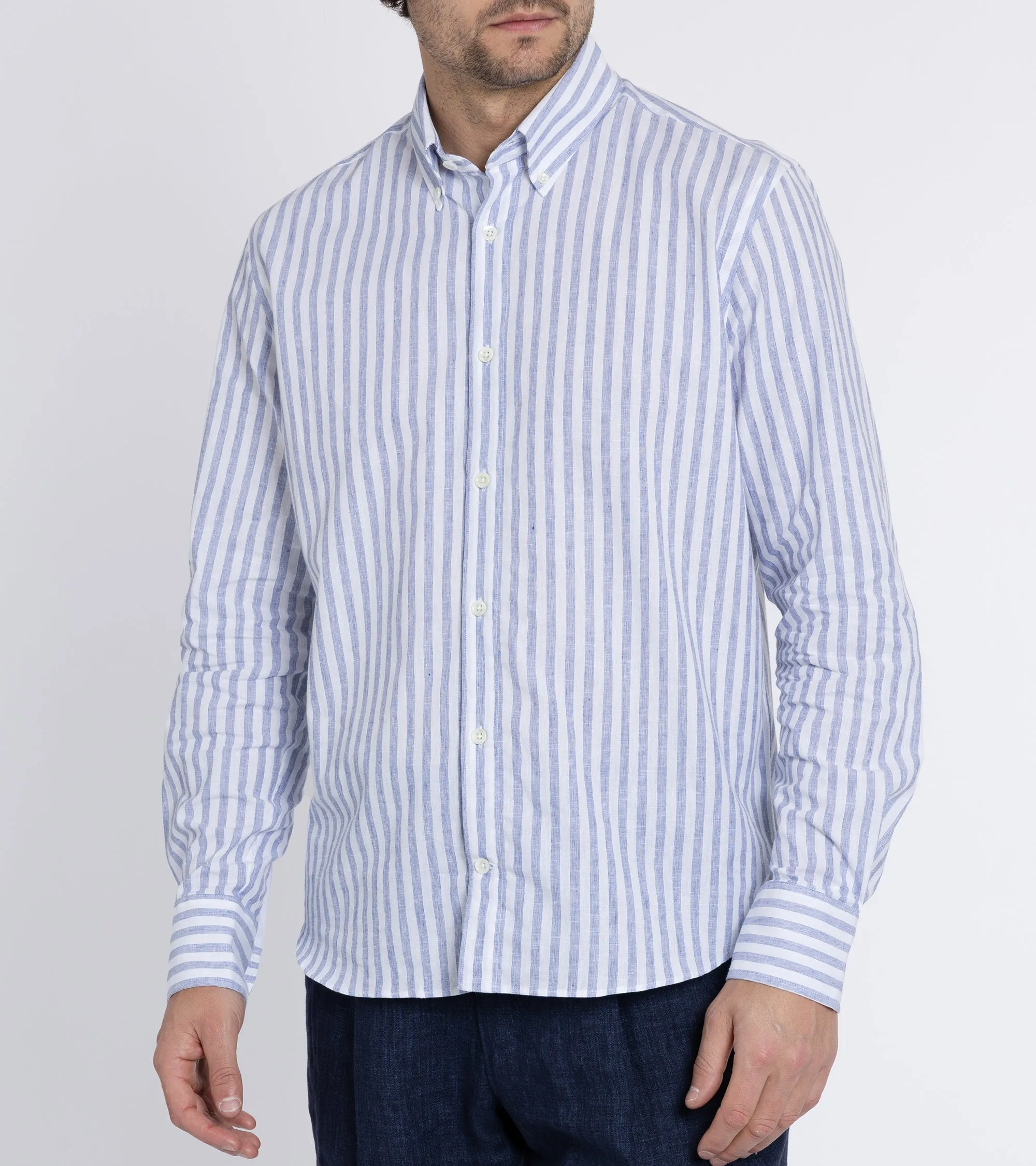 Trunk Eldon Cotton Linen Stripe Shirt: Dark Blue Unisex wear color block
