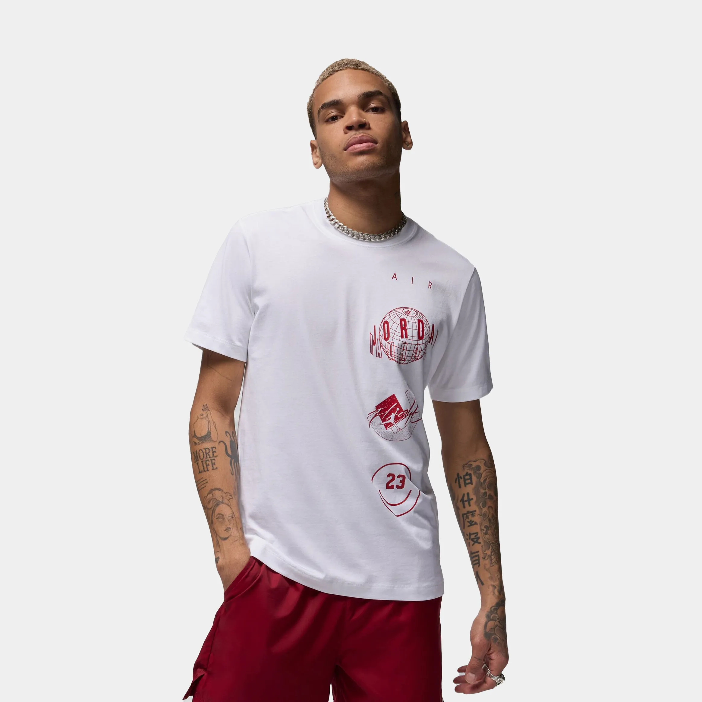 in demand Essentials Logo Stack Graphic Mens Short Sleeve Shirt (White/Red)