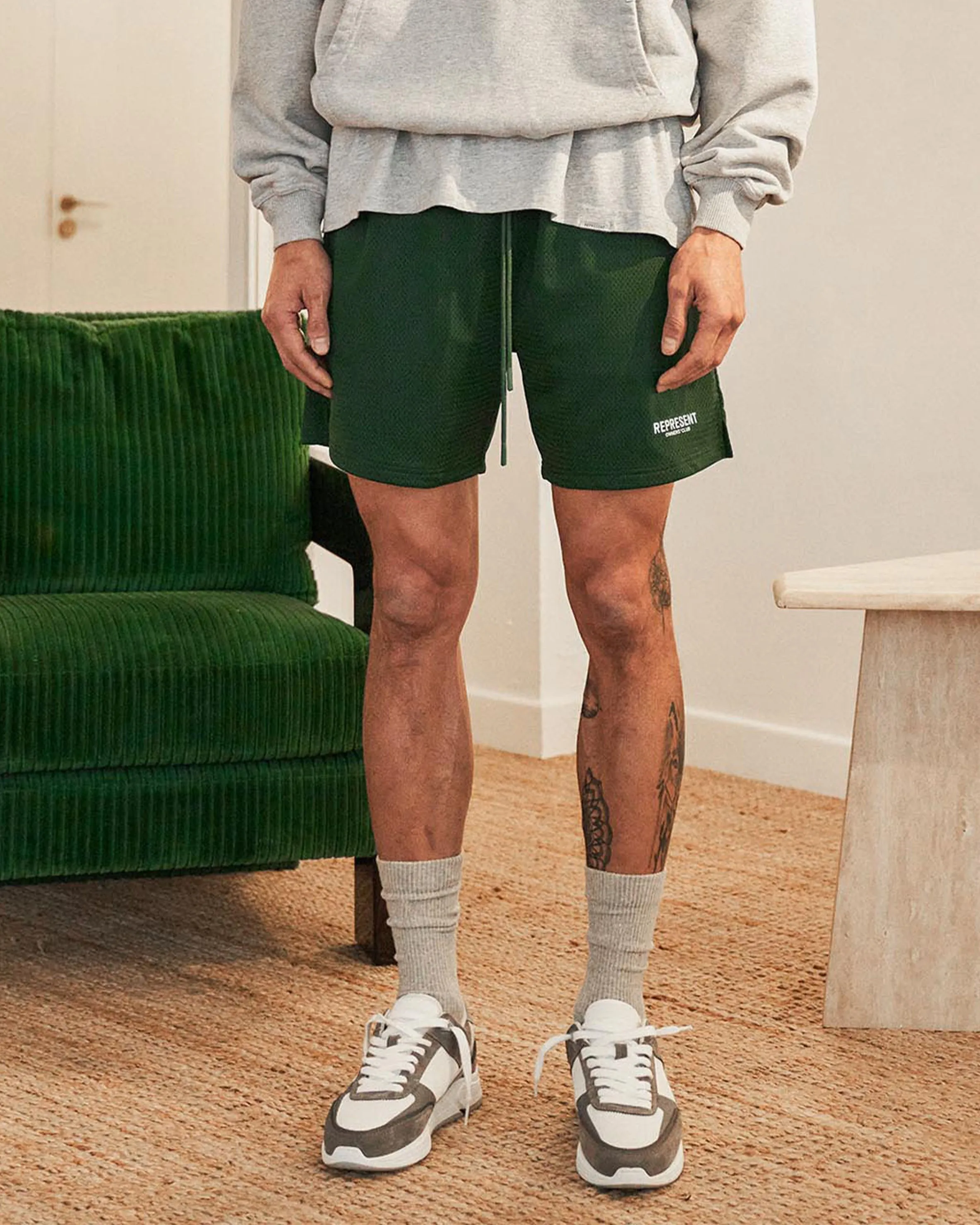 Represent Owners Club Mesh Shorts - Racing Green Light Motion High Rise Waist