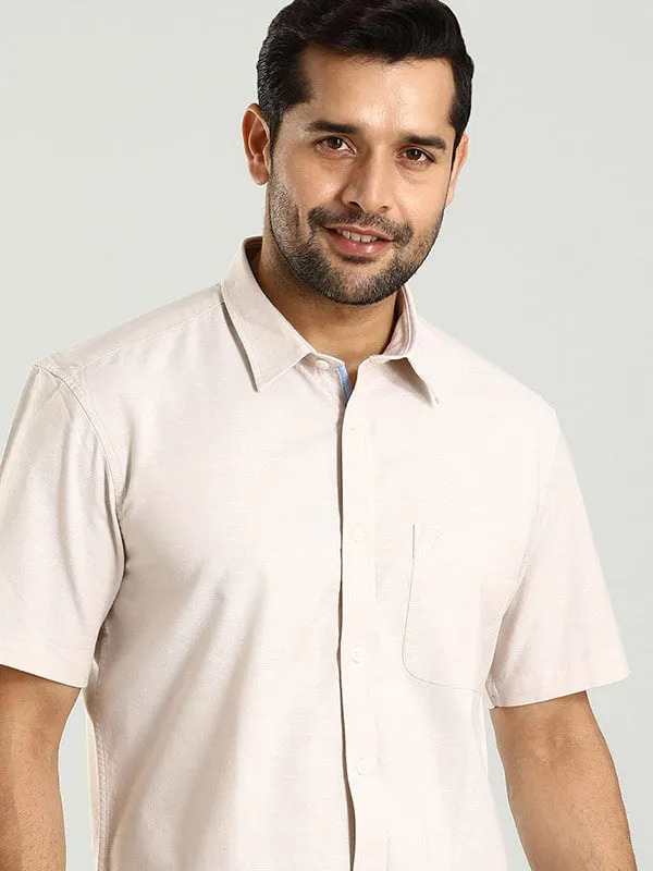 Men Solid Half Sleeve Cotton Stretch Shirt Relaxed Style Easy Comfort