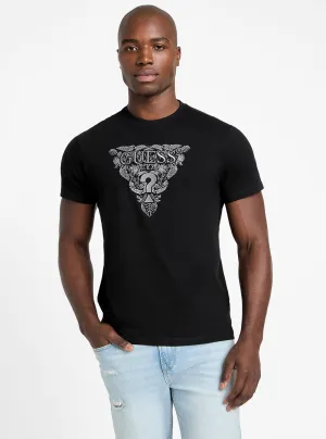 Eco Black Flower Embroidered T-Shirt Distressed Hem Finish