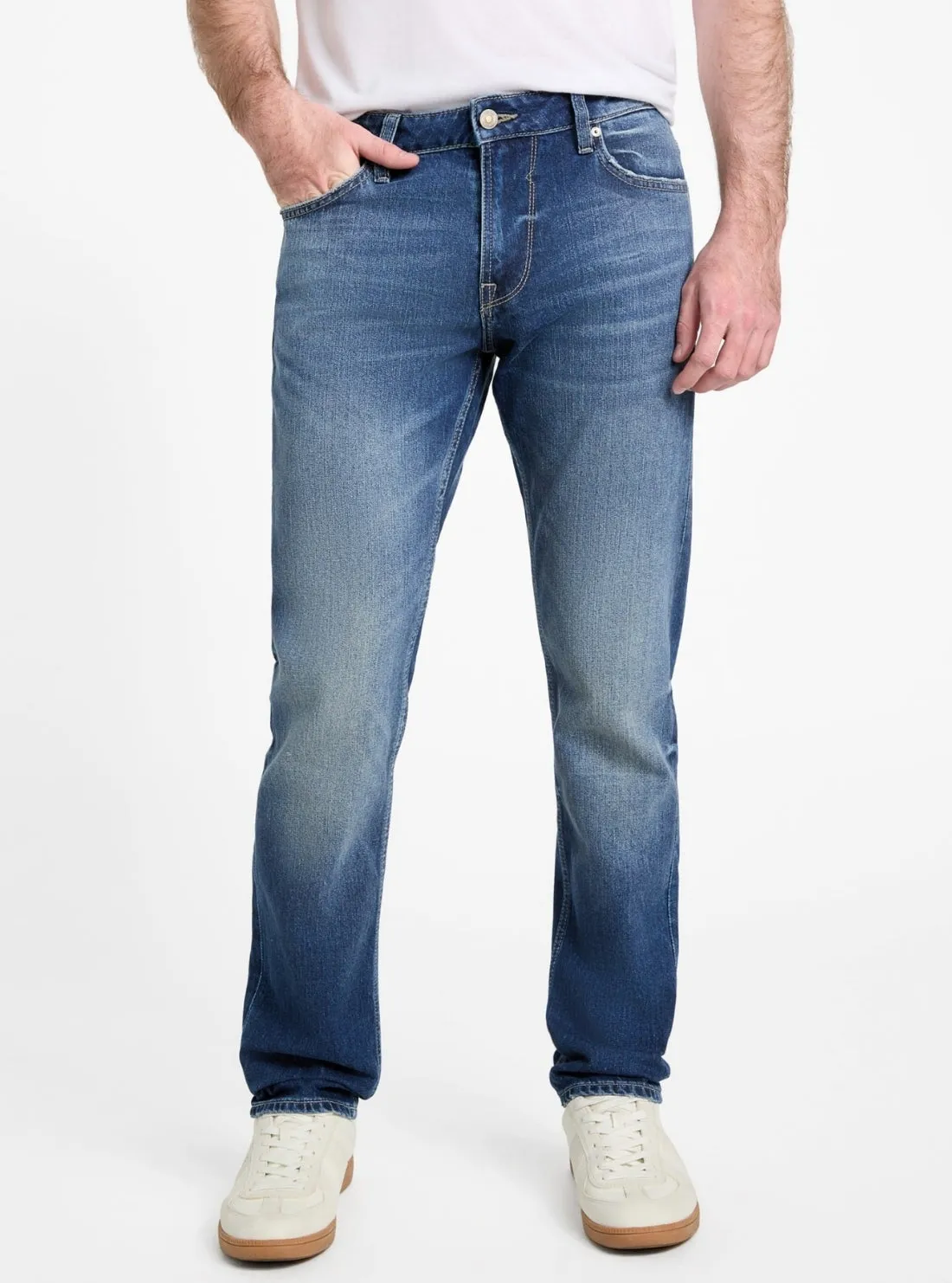 Eco Finnley Mid Rise Tapered Jeans in Medium Wash Light Washed