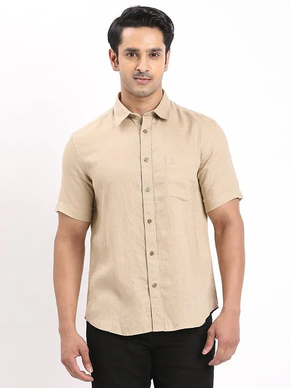 Flexible Knit Men Solid Half Sleeve Linen Shirt
