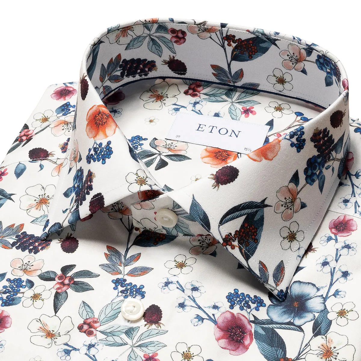Split hem Eton - Slim Fit Floral Print Shirt in White