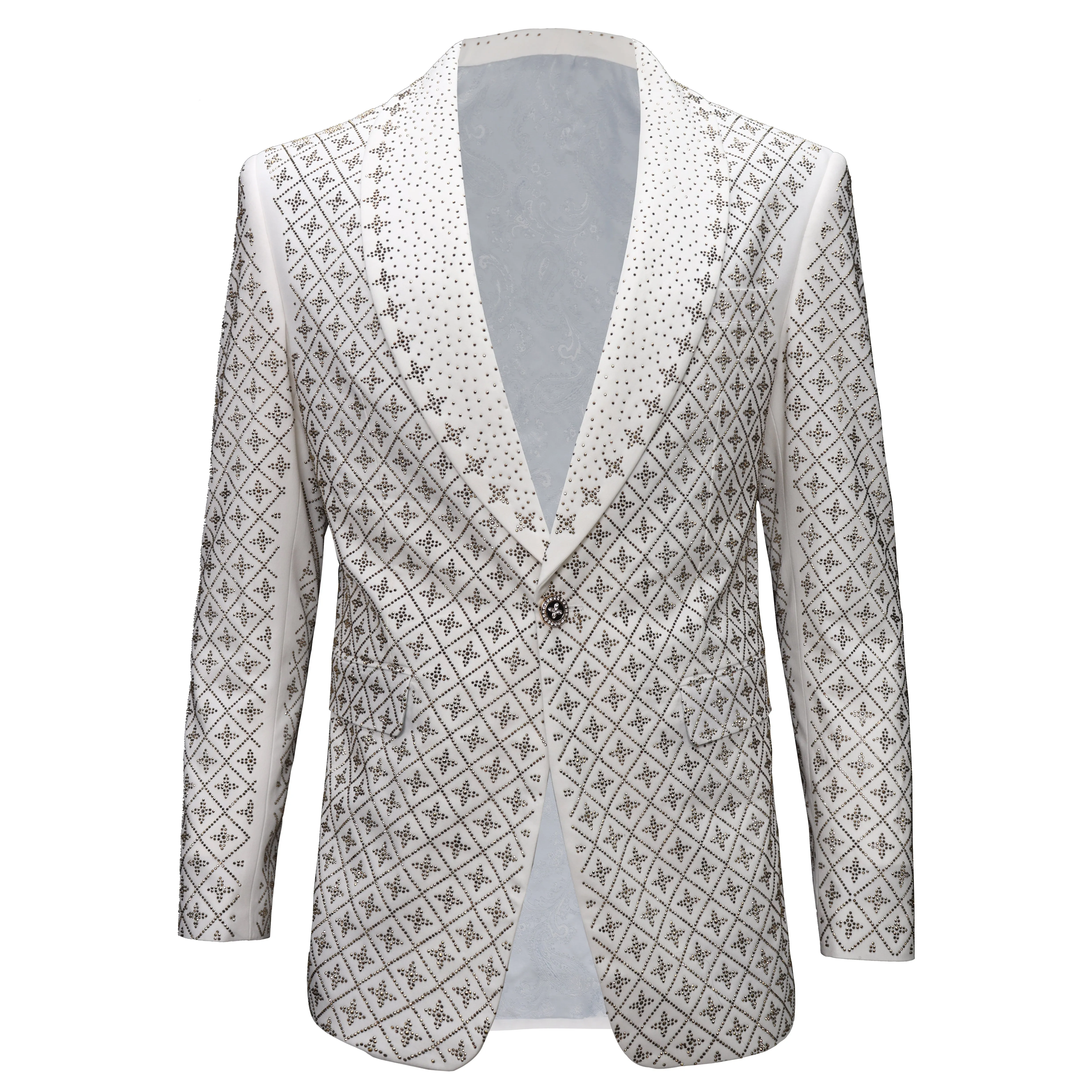 Convertible Silhouette Elegant Blazer with Sparkling Embellishments WHITE/GOLD