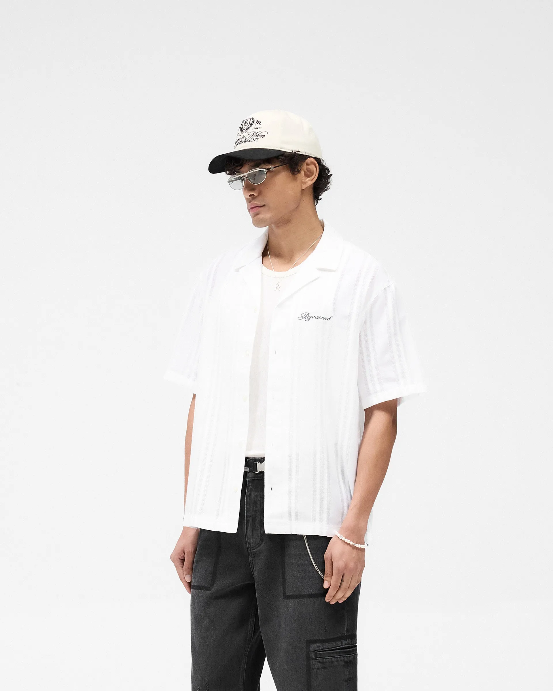 V-Neck Embroidered Bowling Shirt - Antique White