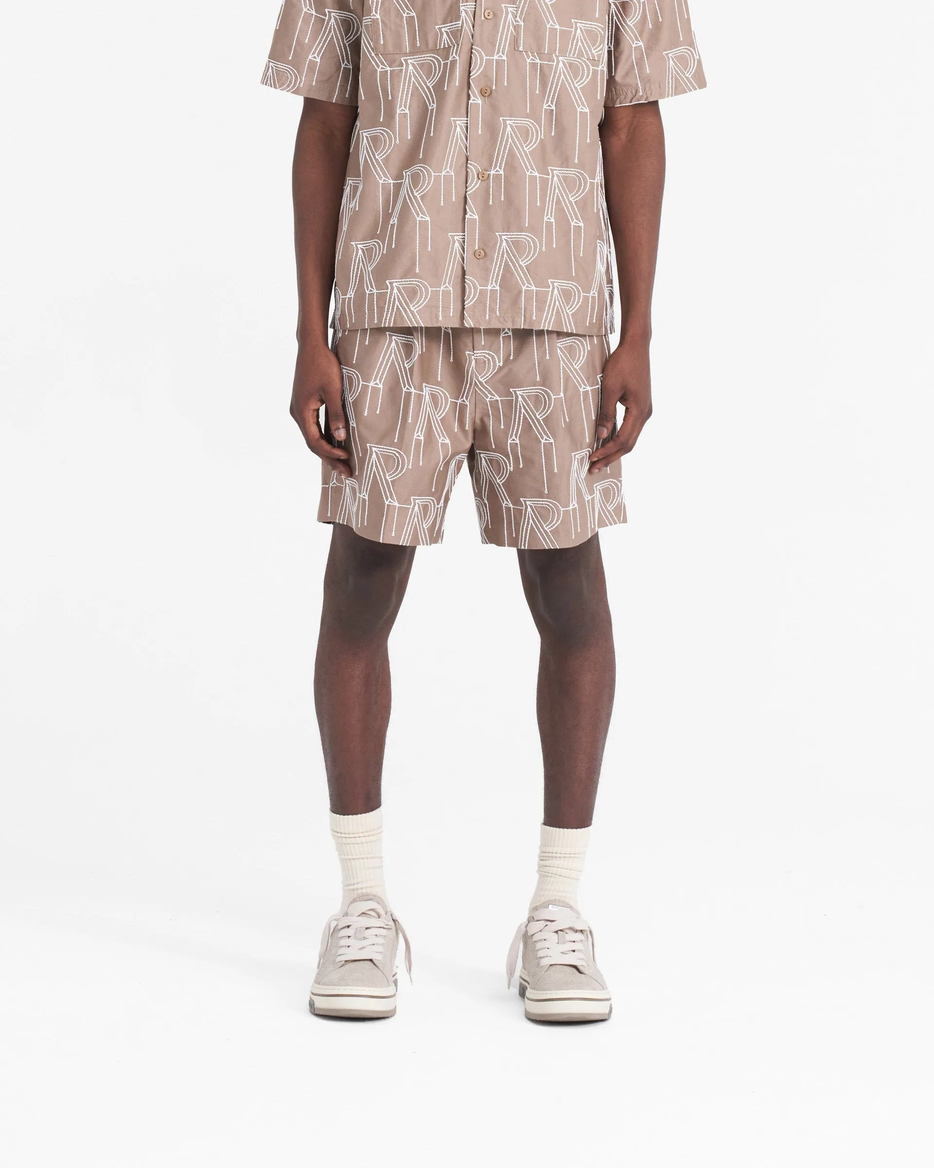 Comfort Flex muted colors Embroidered Initial Tailored Short - Washed Taupe