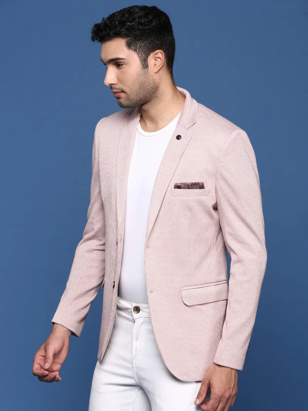 Smooth Zipper Track Men's Peach Checked Notched Lapel Collar Cotton Slim-Fit Single-Breasted Blazer