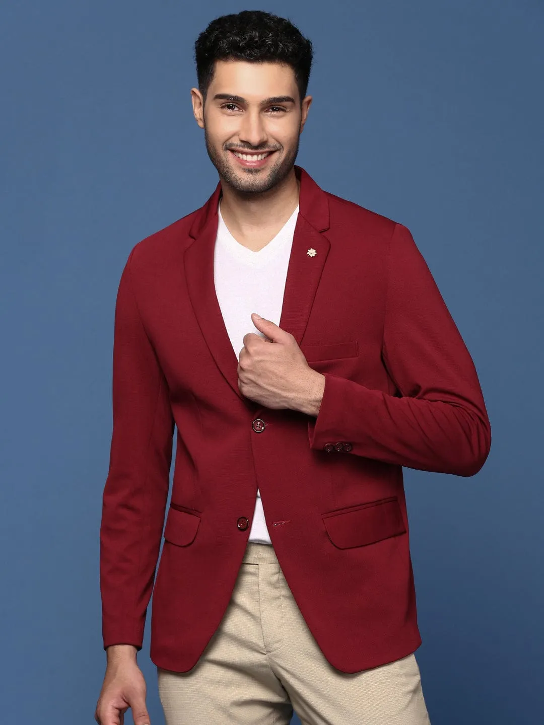 Heavyweight Fabric Men's Maroon Slim Fit Single Breasted Blazer
