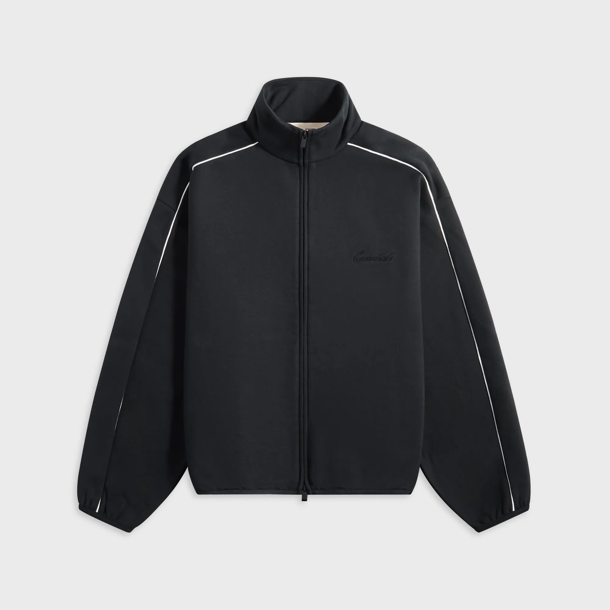 Essentials Modern Fit Fleece Track Jacket - Jet Black / Cloud White Taped Seam Construction Hidden Storage Compartment
