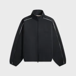 Essentials Modern Fit Fleece Track Jacket - Jet Black / Cloud White Taped Seam Construction Hidden Storage Compartment