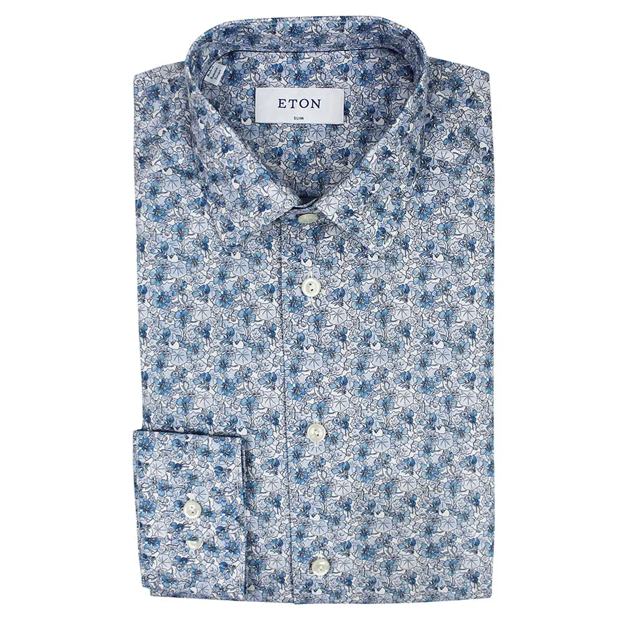 Flexible Placket Structure Eton - Slim Fit Floral Shirt in Blue