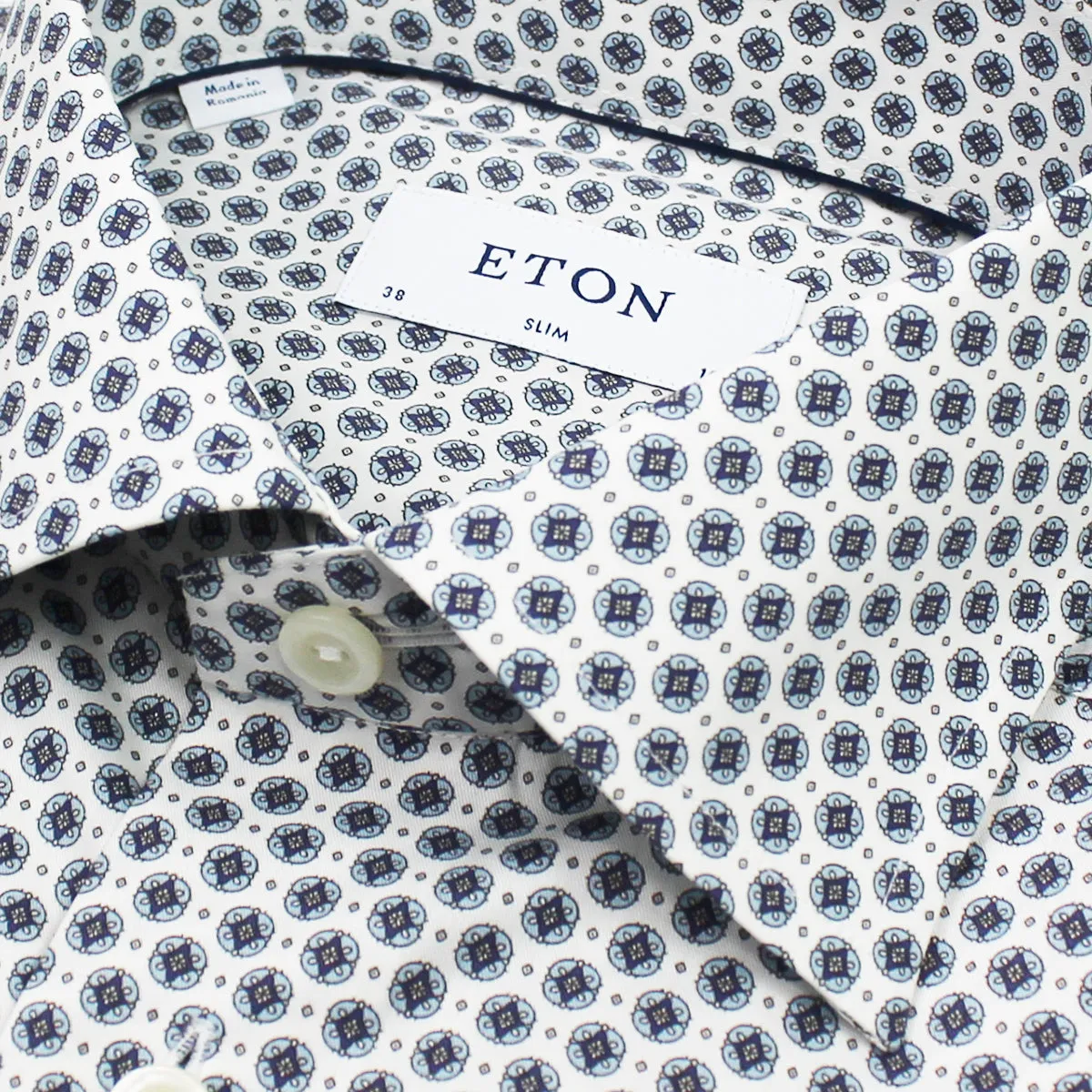 Eton - Slim Fit Medallion Print Shirt in White & Blue Anti Pilling Treatment Split hem