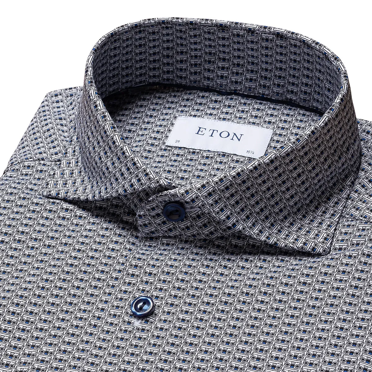 Urban Fashion Compact Packing Eton - Slim Fit Patterned Shirt in Navy/Grey