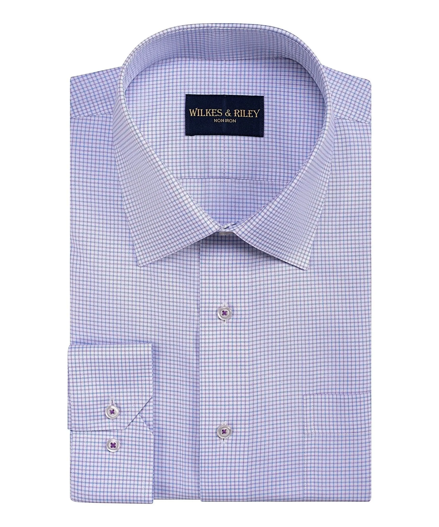 Raspberry & Sky Micro Check Spread Collar Non-Iron Dress Shirt Pocket Detailing