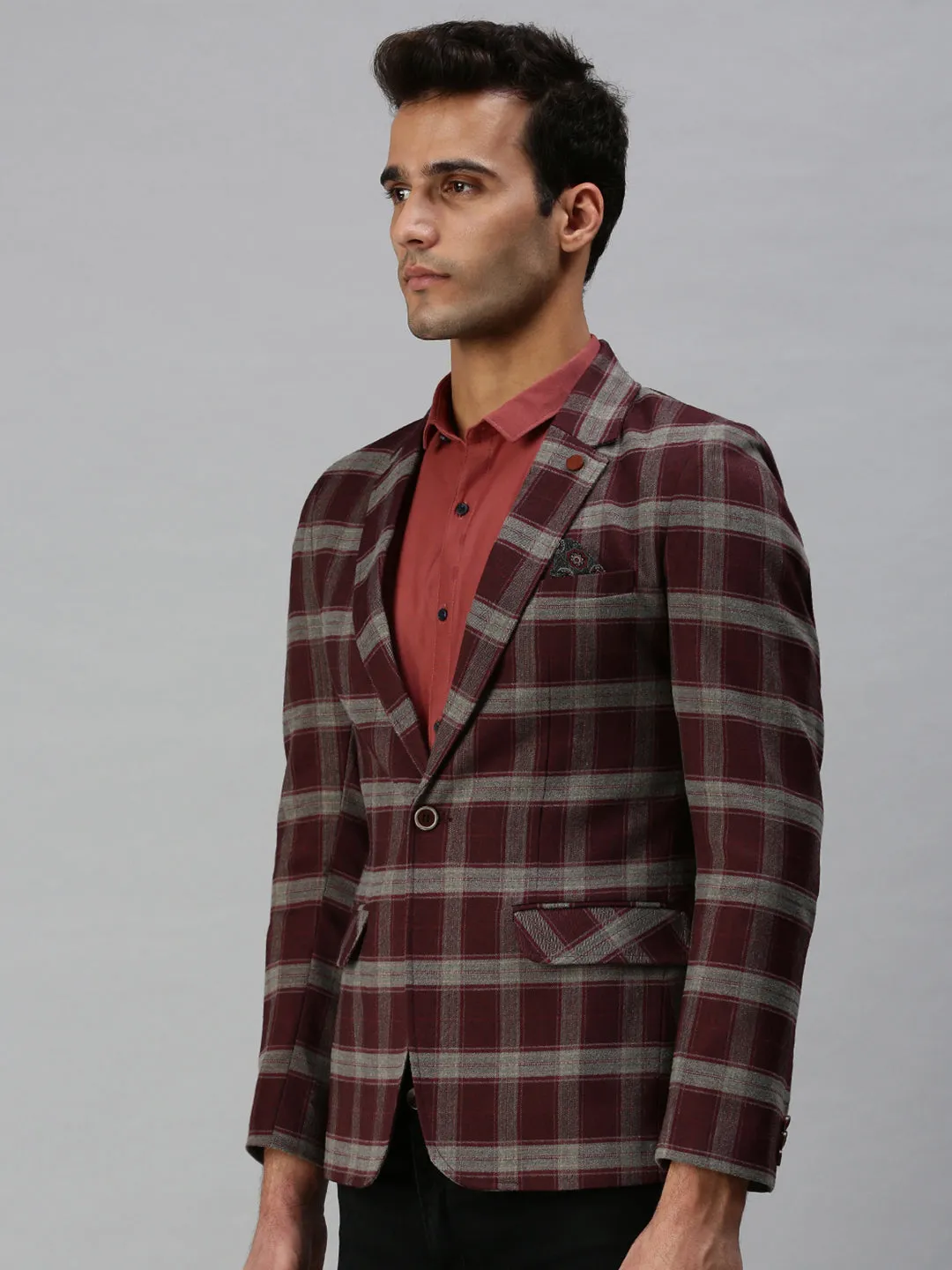 Men's Maroon Checked Printed Single-Breasted Slim-Fit Casual Blazer StretchableMaterial