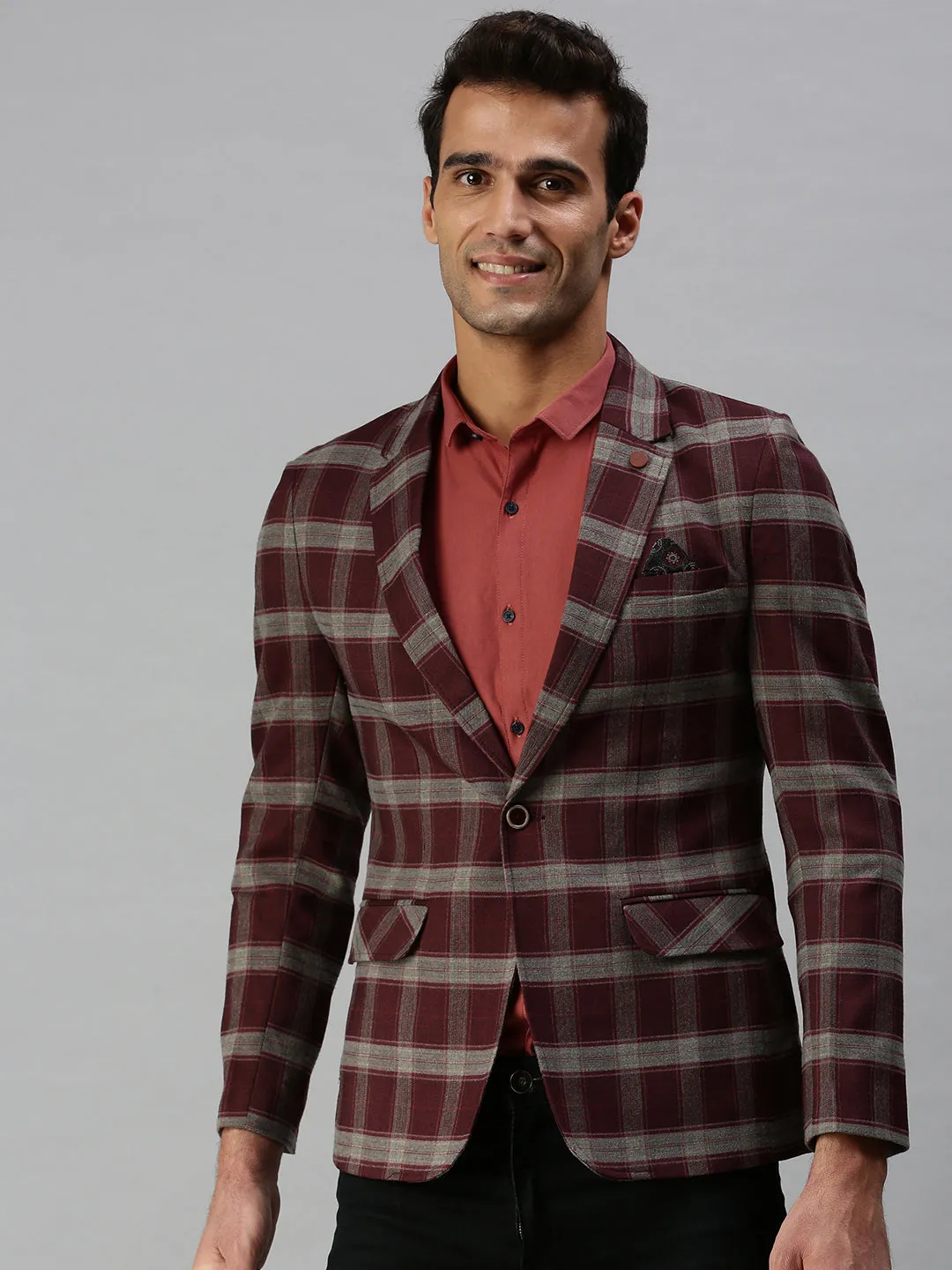 Fleece Backing Weekend Chill Style Men's Maroon Checked Printed Single-Breasted Slim-Fit Casual Blazer