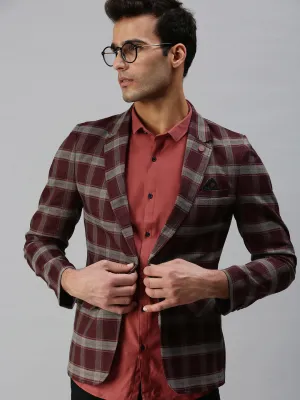 Utility Inspired Look Fade Resistant Dye Method Men's Maroon Checked Printed Single-Breasted Slim-Fit Casual Blazer