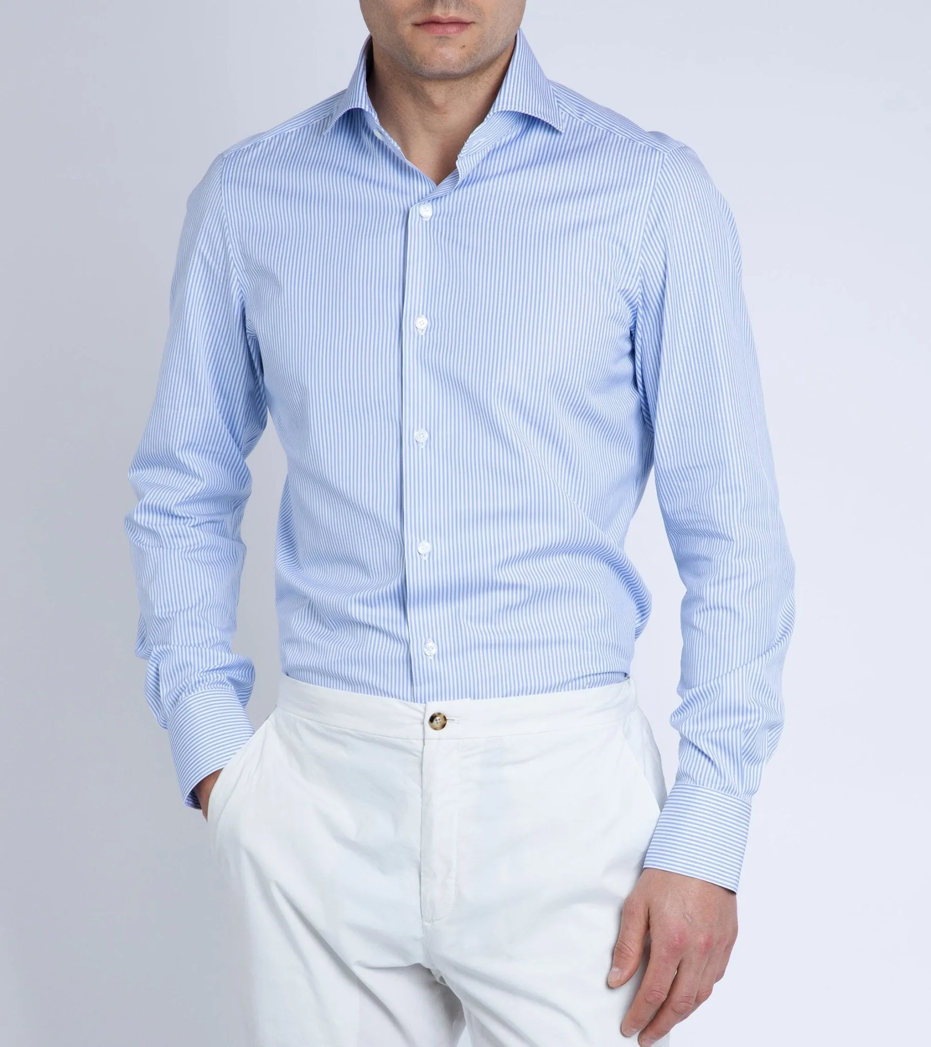 Eco Dye Technique Finamore Milano Eduardo 120 Double Twist Cotton Formal Shirt: Blue Stripe