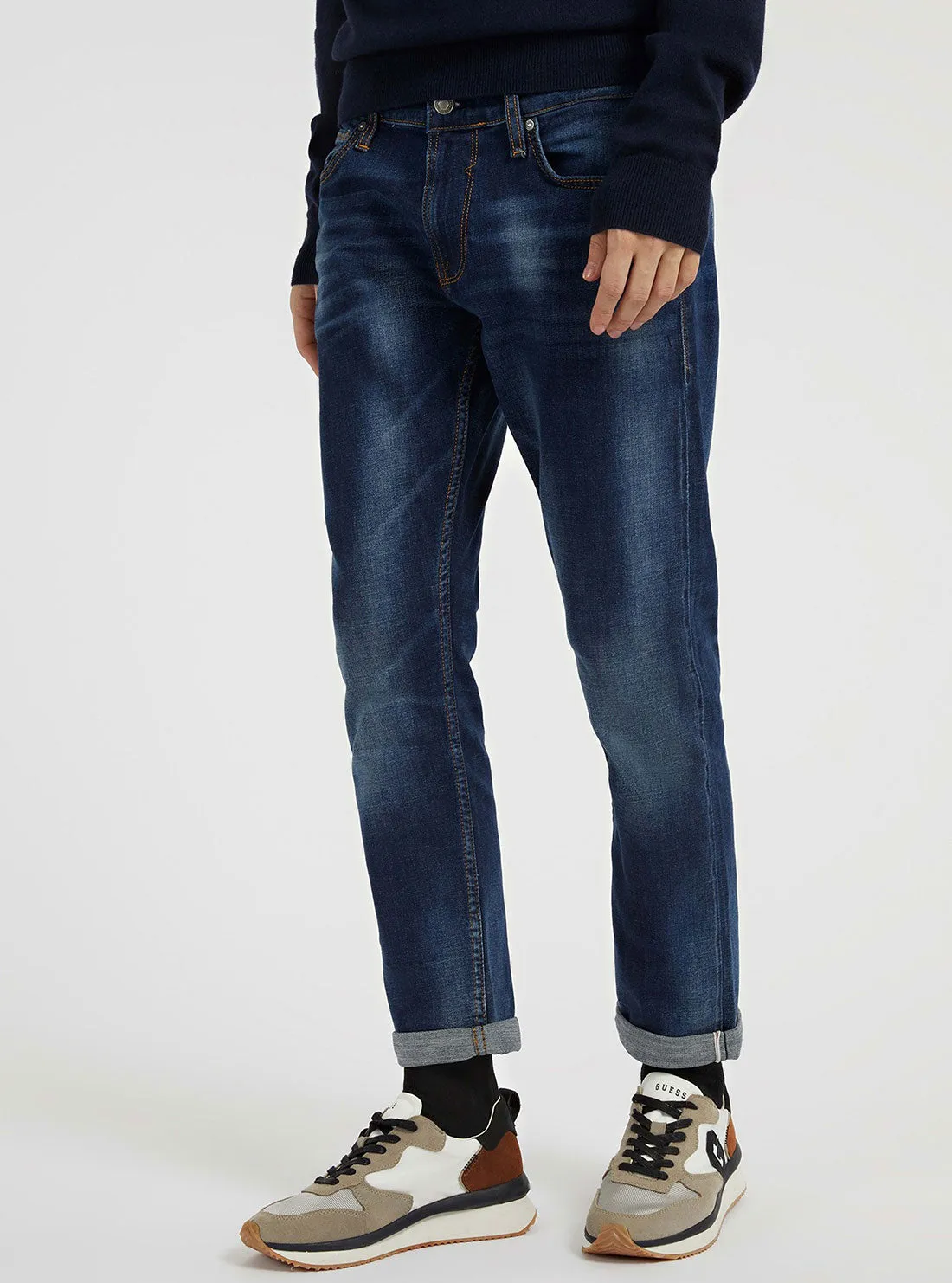Eco Low Rise Slim Tapered Denim Jeans In Meadow Selvedge Wash Modern Casual All Around