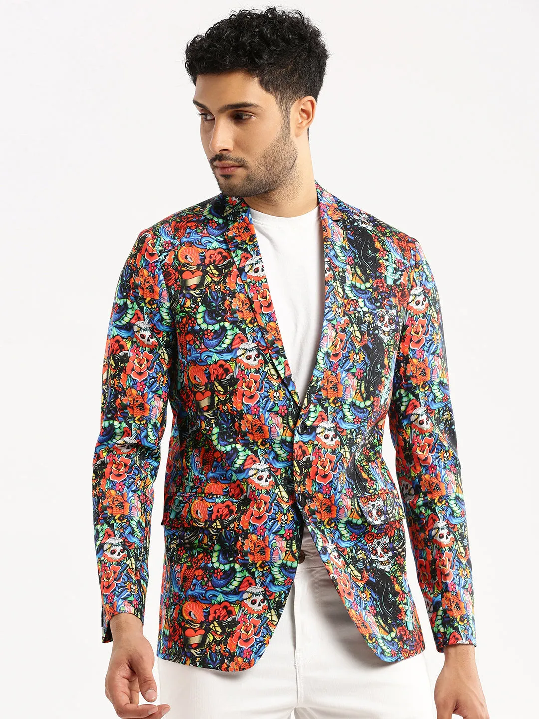 Mold Resistant Coating Statement Outerwear Men's Multi Printed Notched Lapel Slim-Fit Single-Breasted Blazer