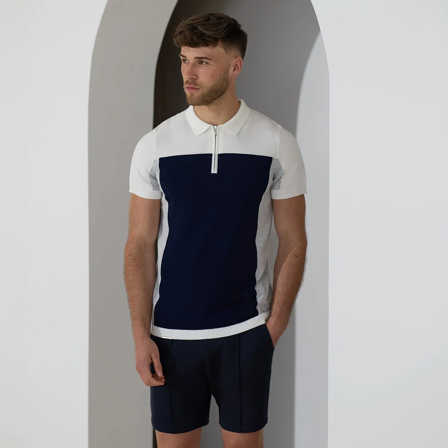 Circular Knit Design Gym King Signature Colour Block Polo - Navy