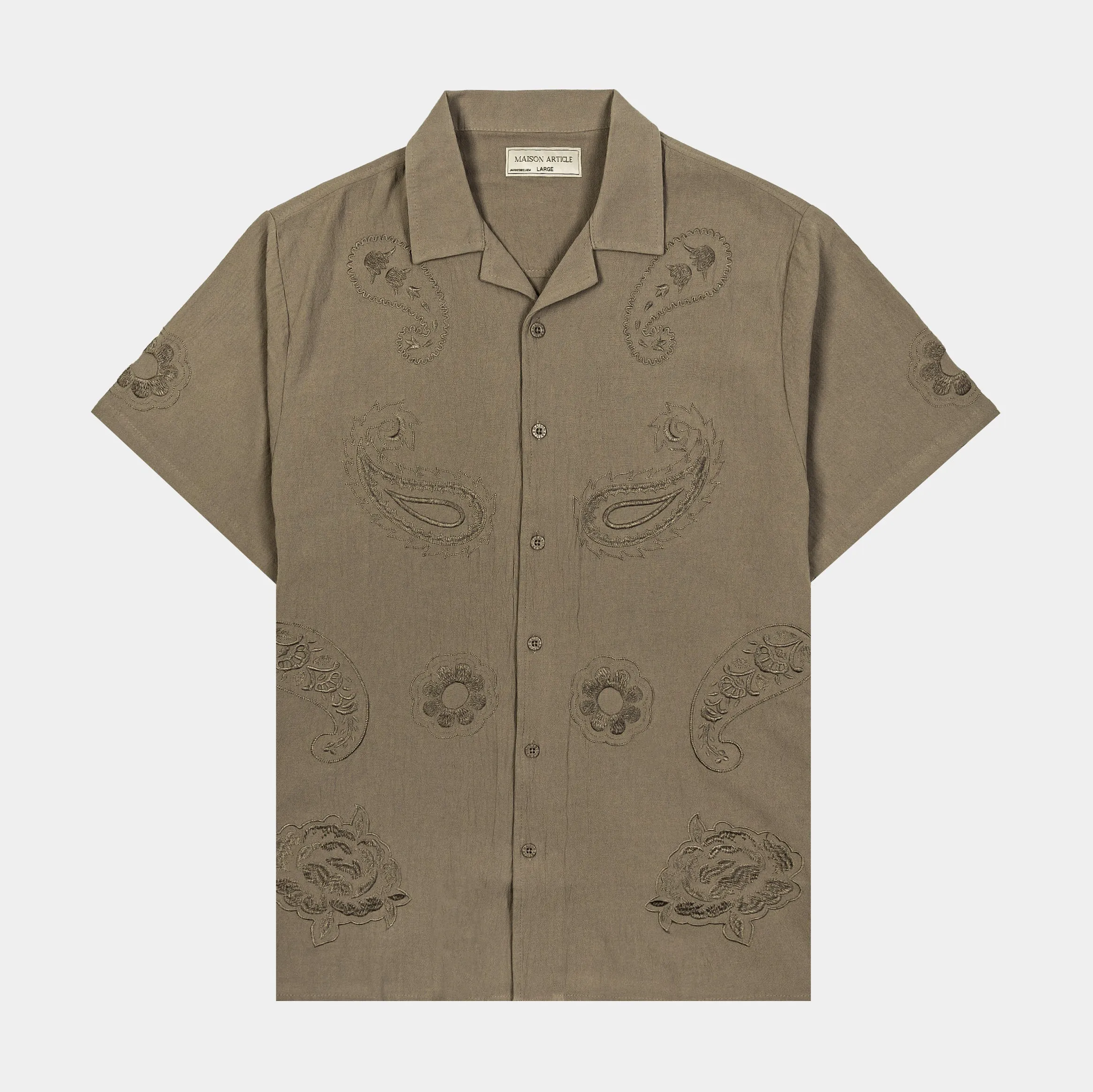 Floral Paisley Linen Mens Short Sleeve Shirt (Taupe) Stretch Fabric Technology High Durability Weave