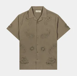 Floral Paisley Linen Mens Short Sleeve Shirt (Taupe) Stretch Fabric Technology High Durability Weave