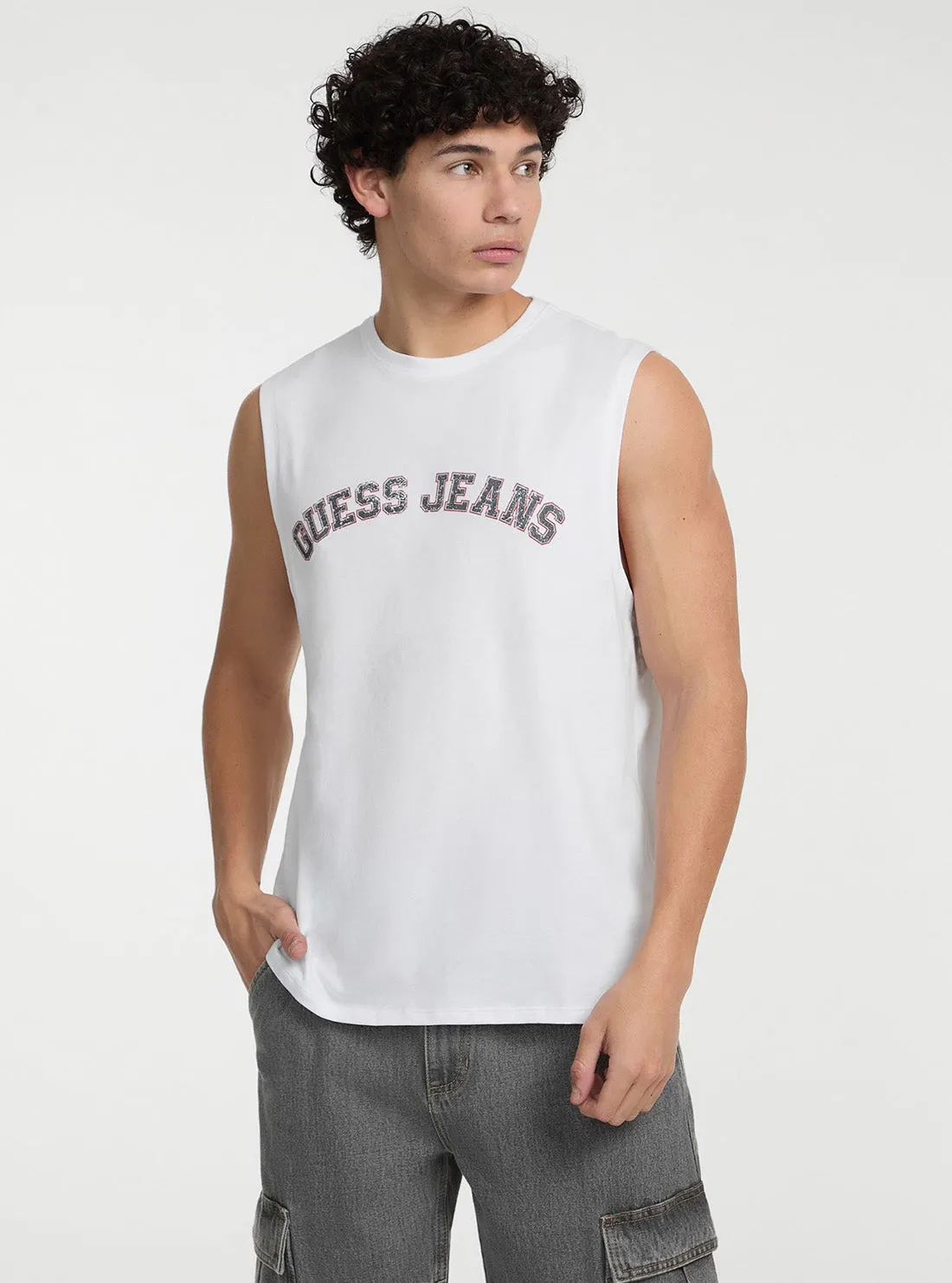 Guess Jeans Eco White Muscle Collegiate Tank Fashion Essential NonRestrictive Cut