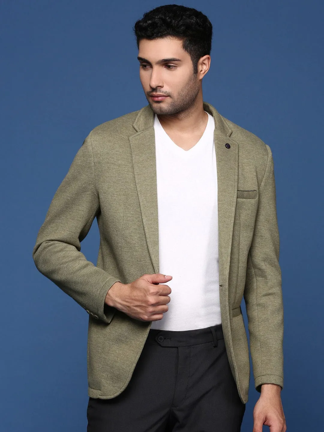 Adjustable Hemline Men's Green Notched Lapel Slim Fit Single Breasted Blazer