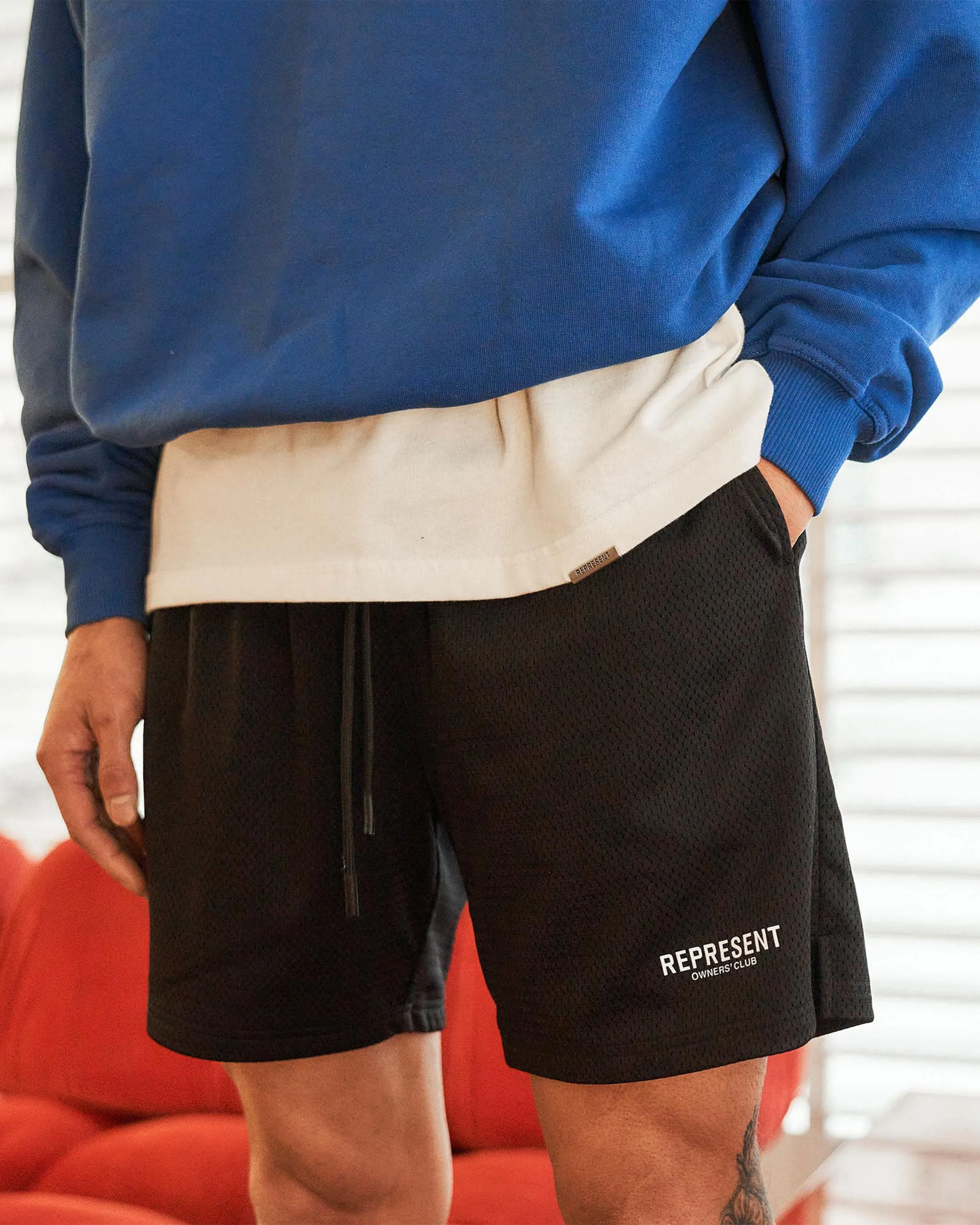 Stretchable Waistband Represent Owners Club Mesh Shorts - Black