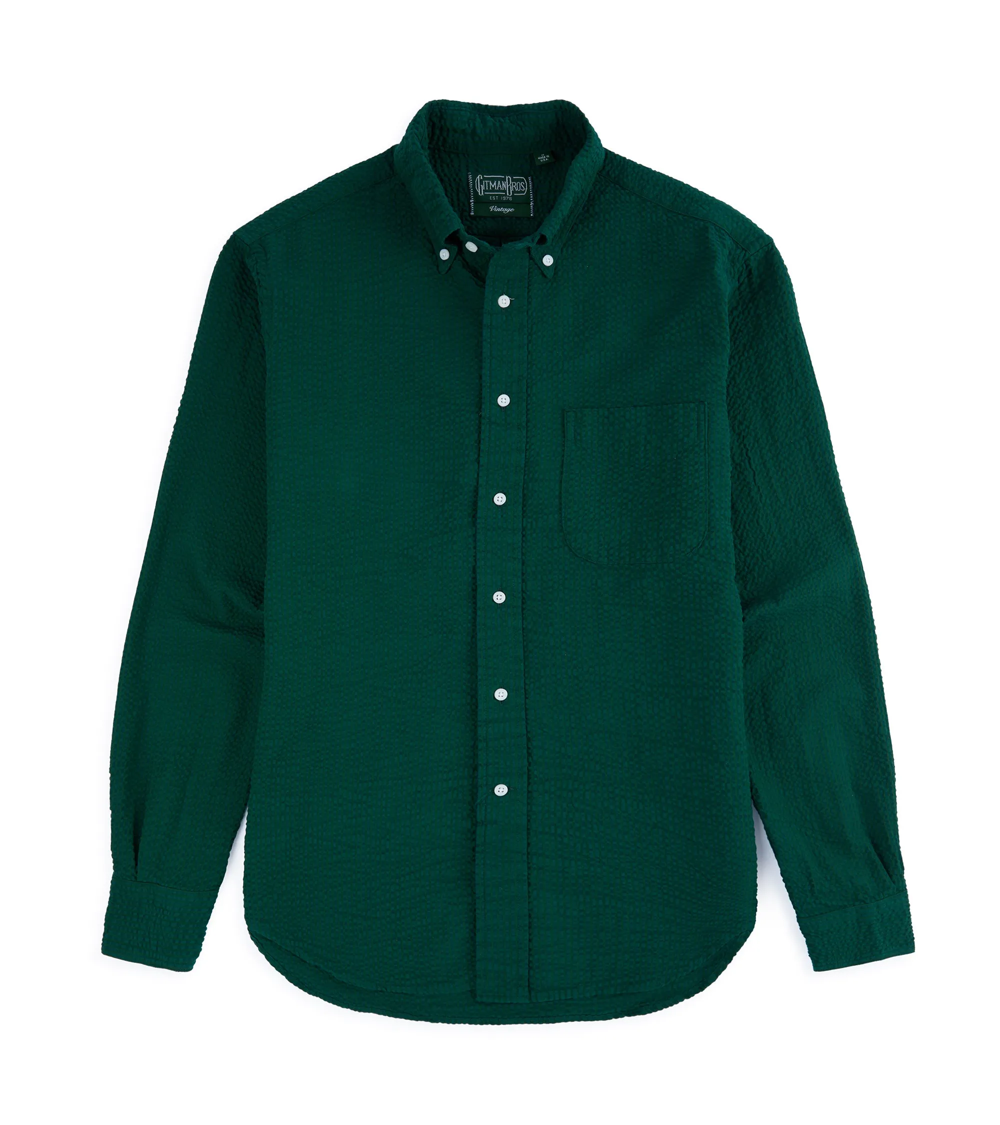 Gitman Vintage Cotton Seersucker Button Down Shirt: Forest Green Work Appropriate Water Repellent Finish
