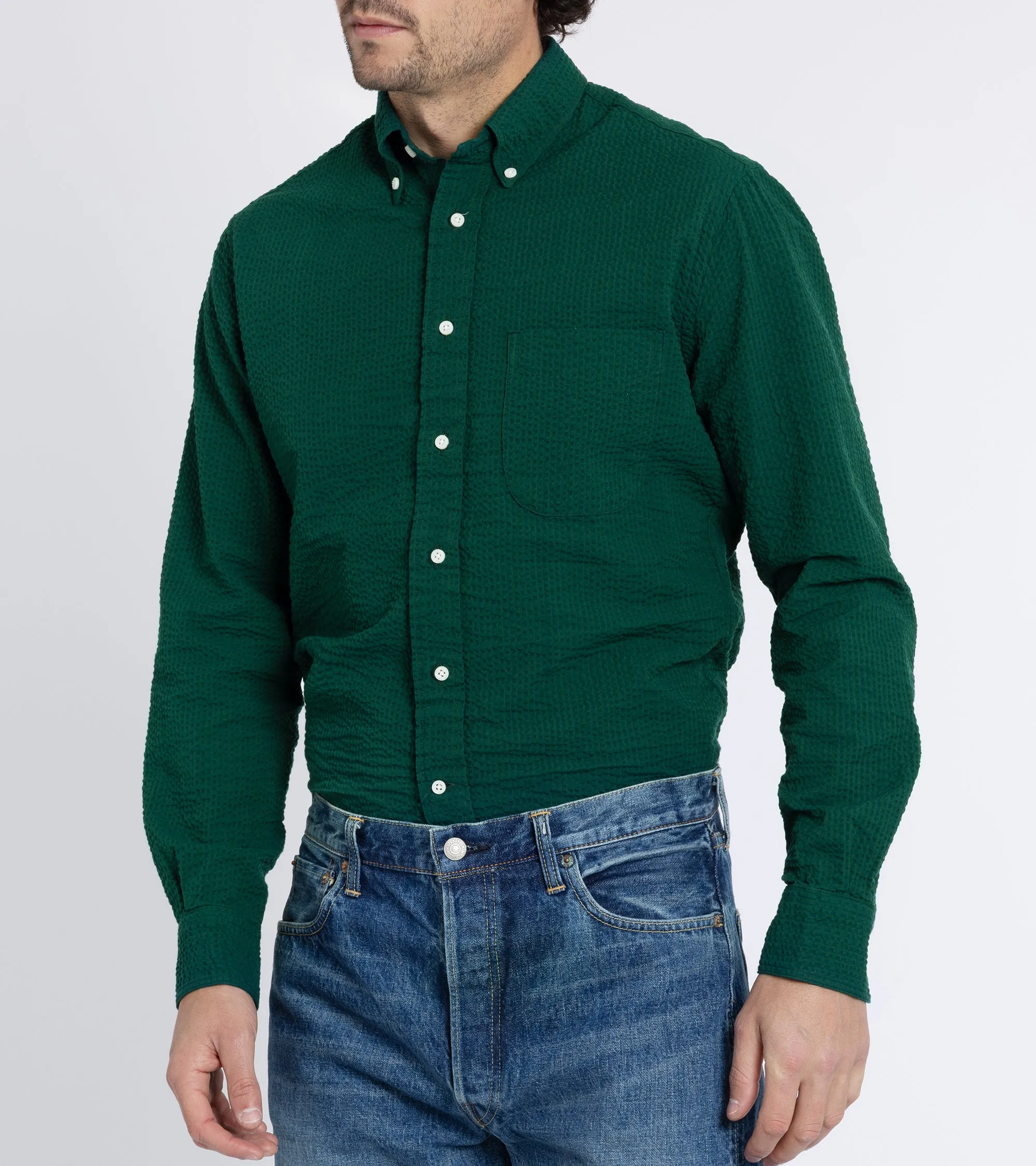 Gitman Vintage Cotton Seersucker Button Down Shirt: Forest Green Minimalist Look Ombre look