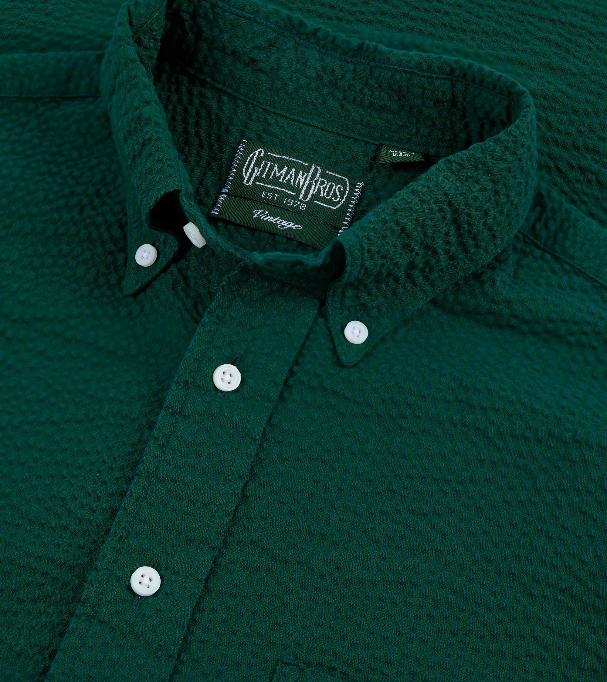 Gitman Vintage Cotton Seersucker Button Down Shirt: Forest Green Seamless Side Panels