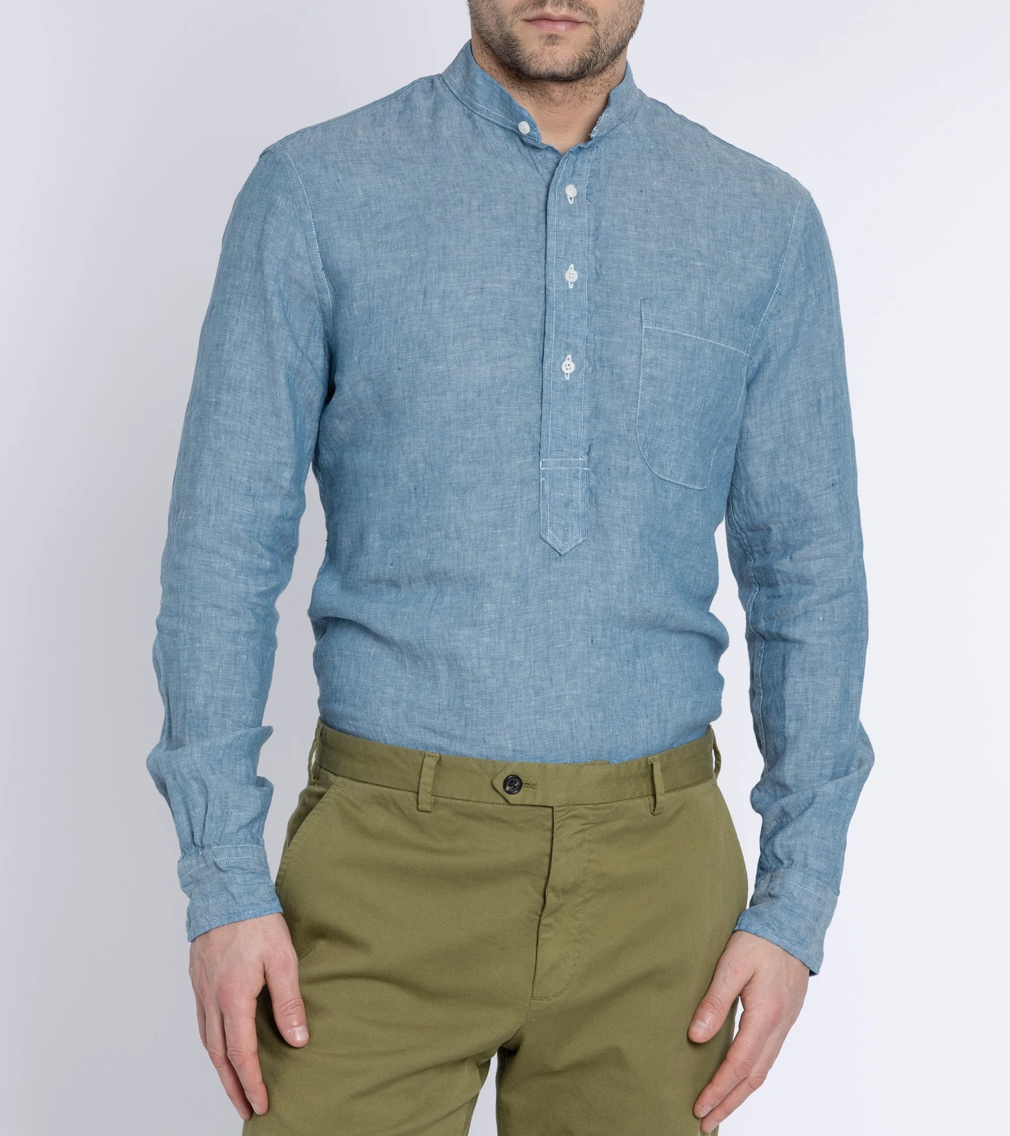 Gitman Vintage Linen Band Collar Popover Shirt: Chambray Trendy Layer