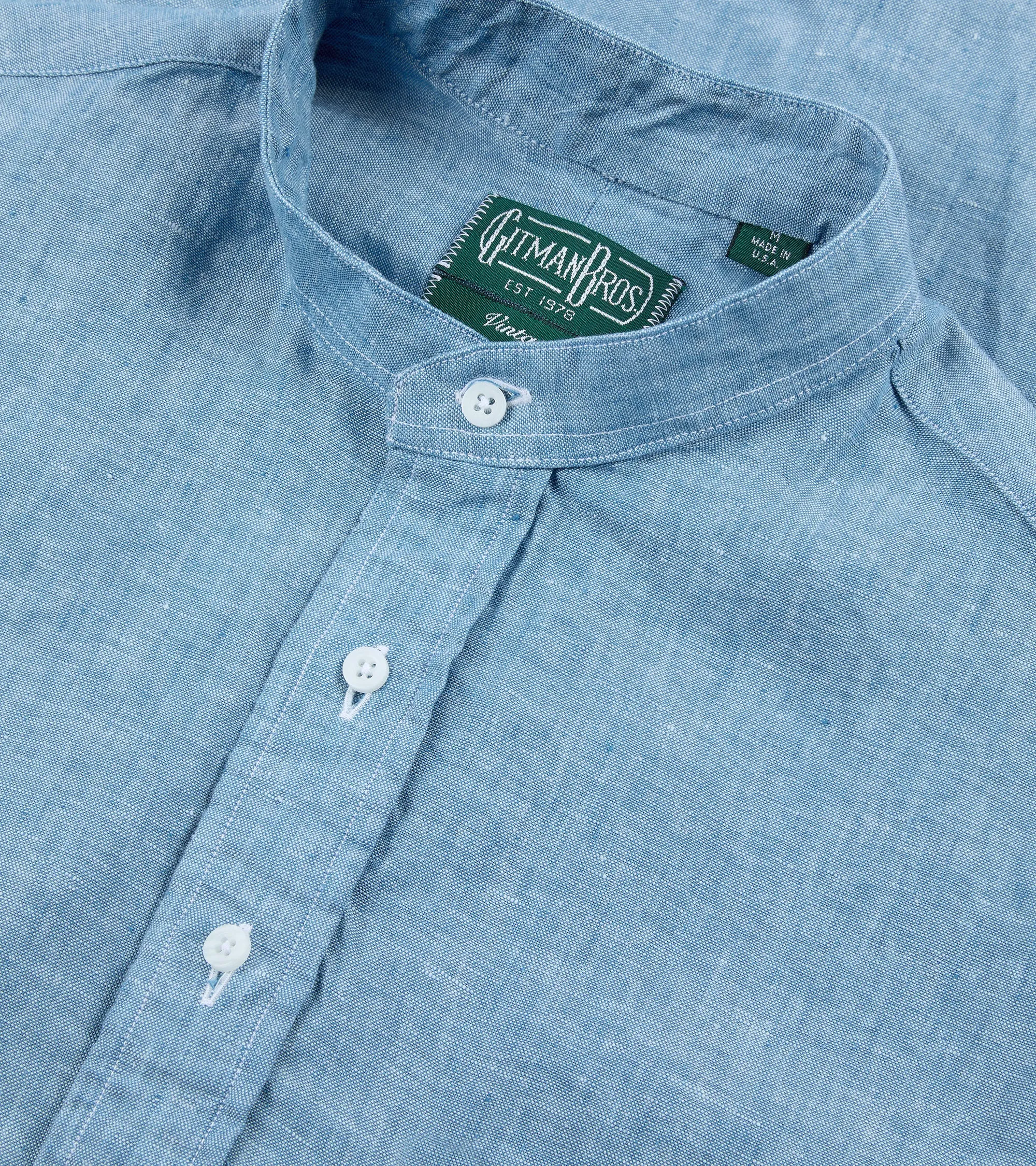 Embroidered Logo Weekend Style Gitman Vintage Linen Band Collar Popover Shirt: Chambray