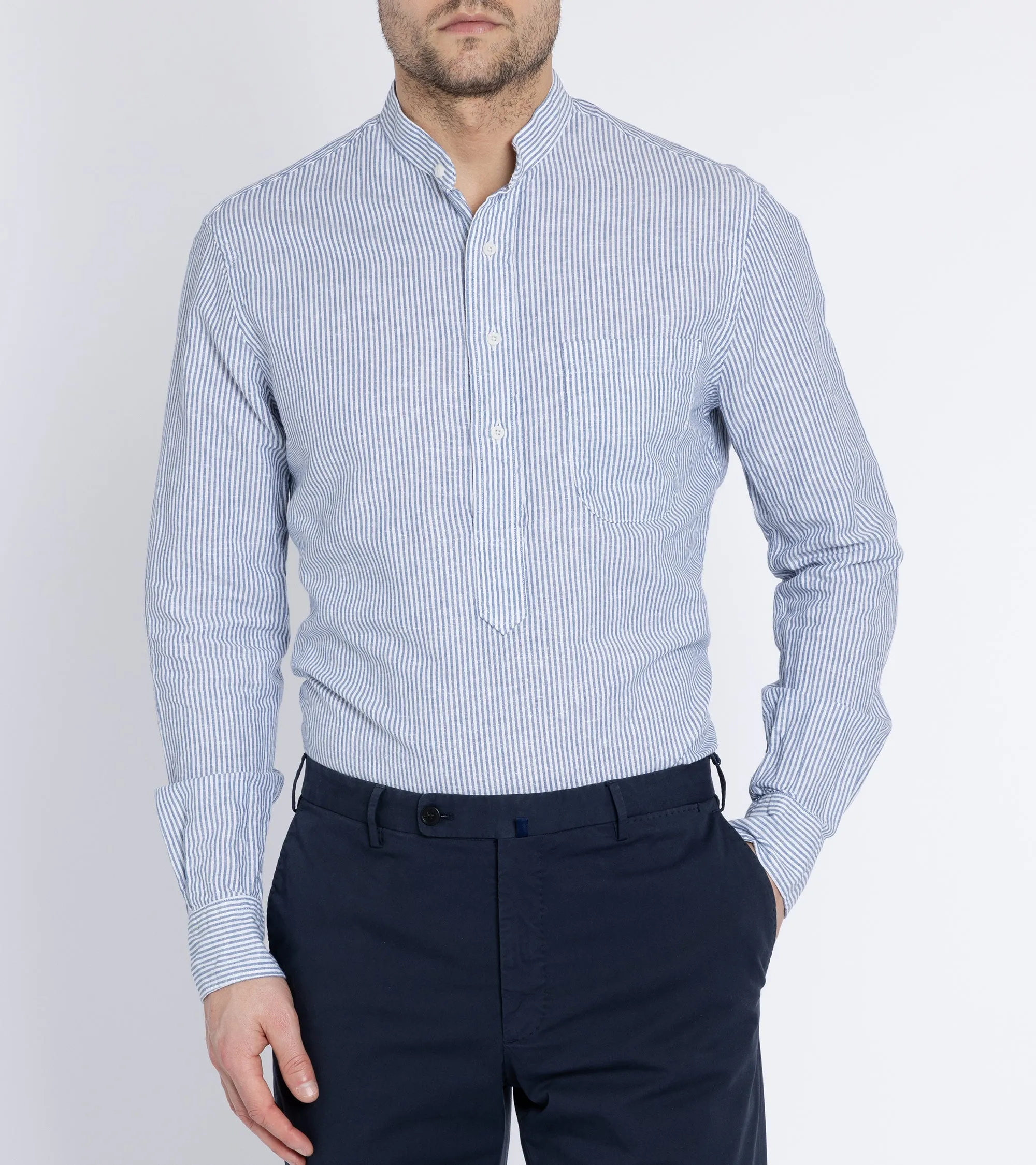 natural fiber Static Dissipating Fiber Gitman Vintage Linen Striped Band Collar Popover Shirt: Blue/White