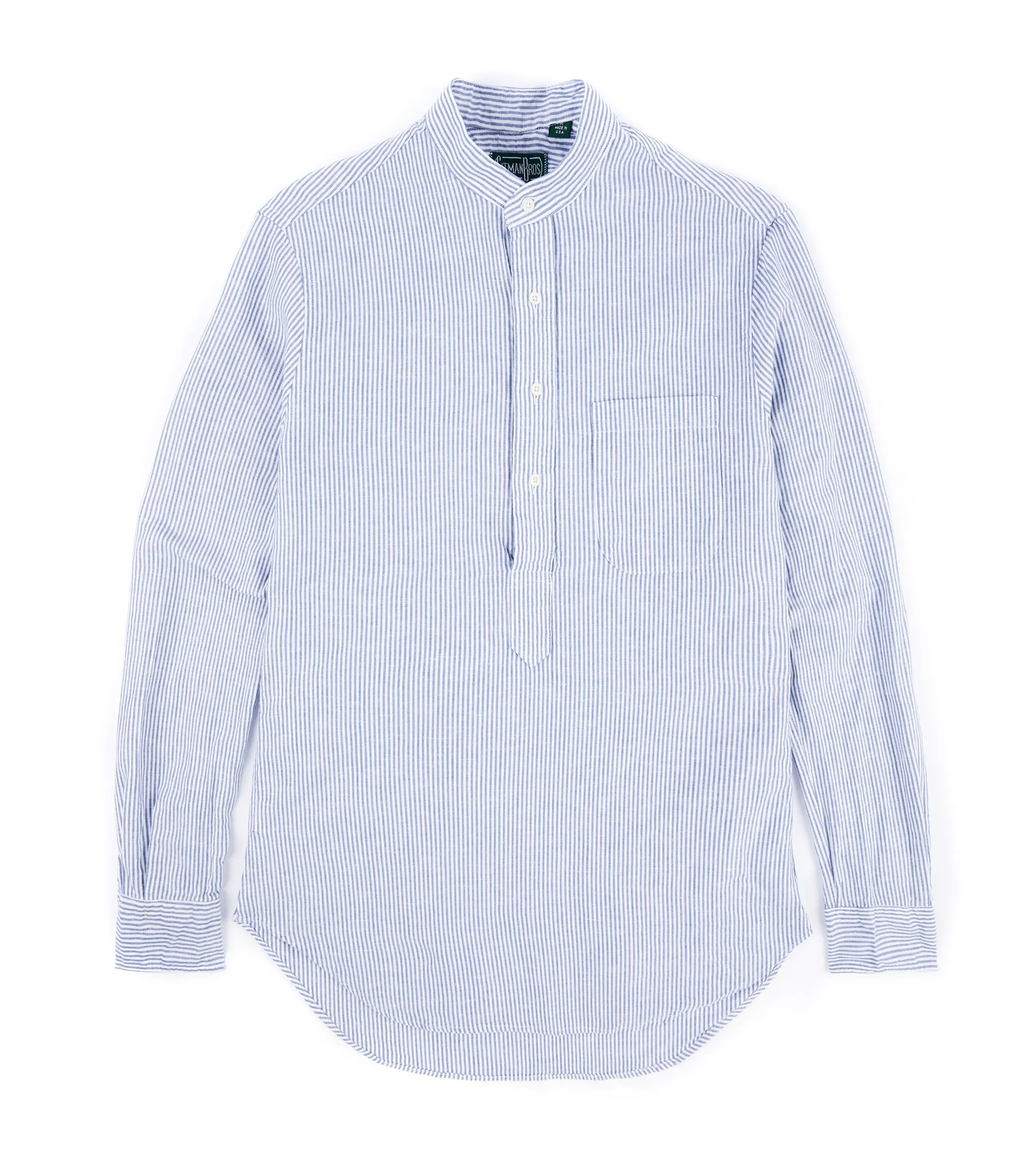 Gitman Vintage Linen Striped Band Collar Popover Shirt: Blue/White Tall Option Bold Pattern