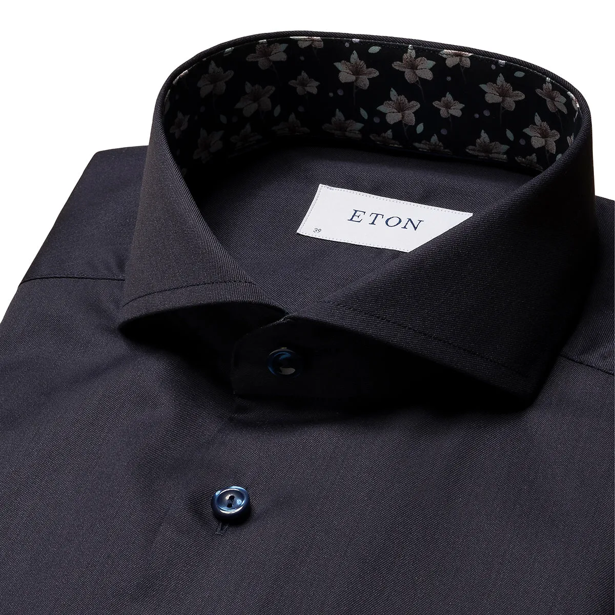 Reinforced Seams Minimalist Design Eton - Slim Fit Floral Trim Shirt in Navy