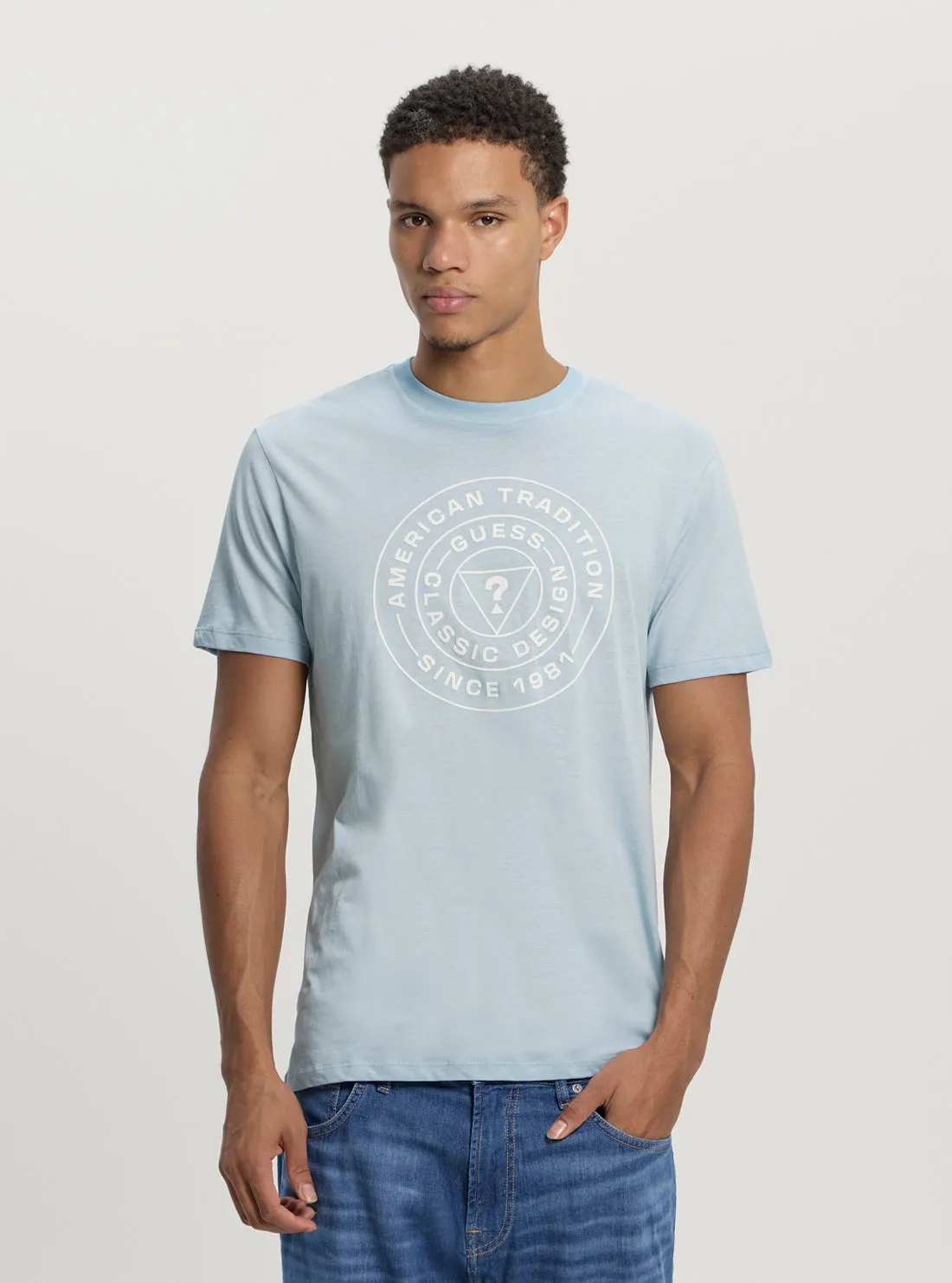 Blue Logo Stamp T-Shirt Wear Resistant Fabric