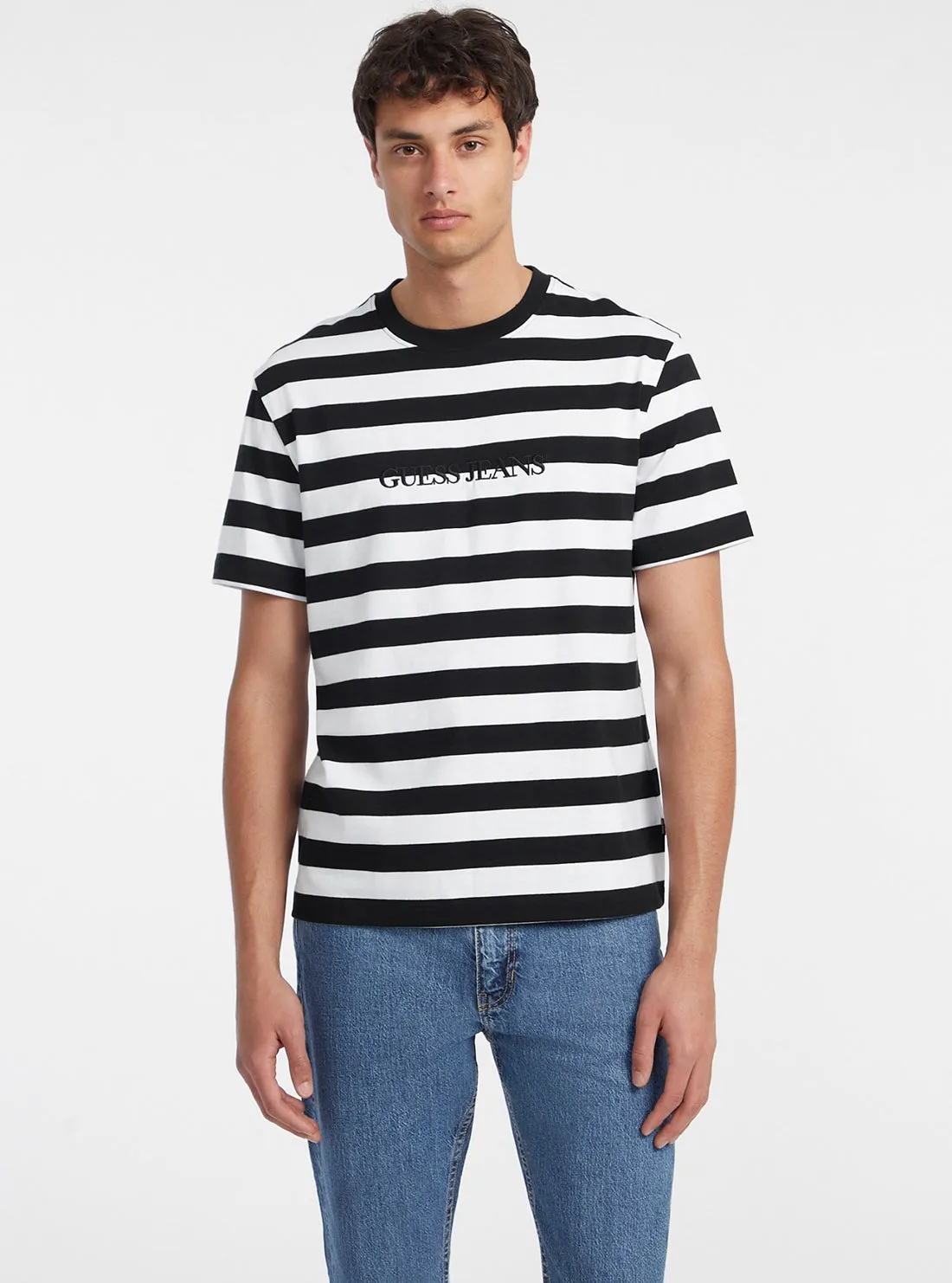 Guess Jeans Black White Striped T-Shirt Casual Layers Lint Resistant Surface